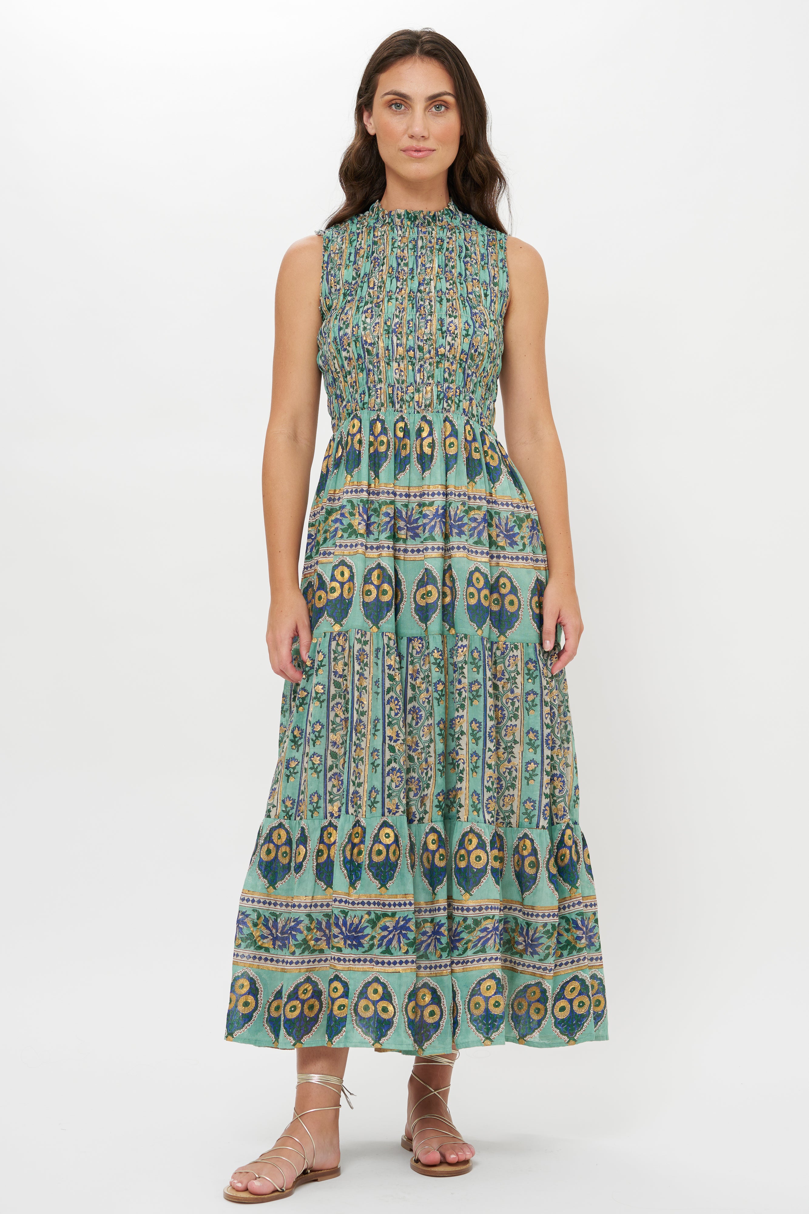 Sleeveless Smocked Maxi- Taj Aqua