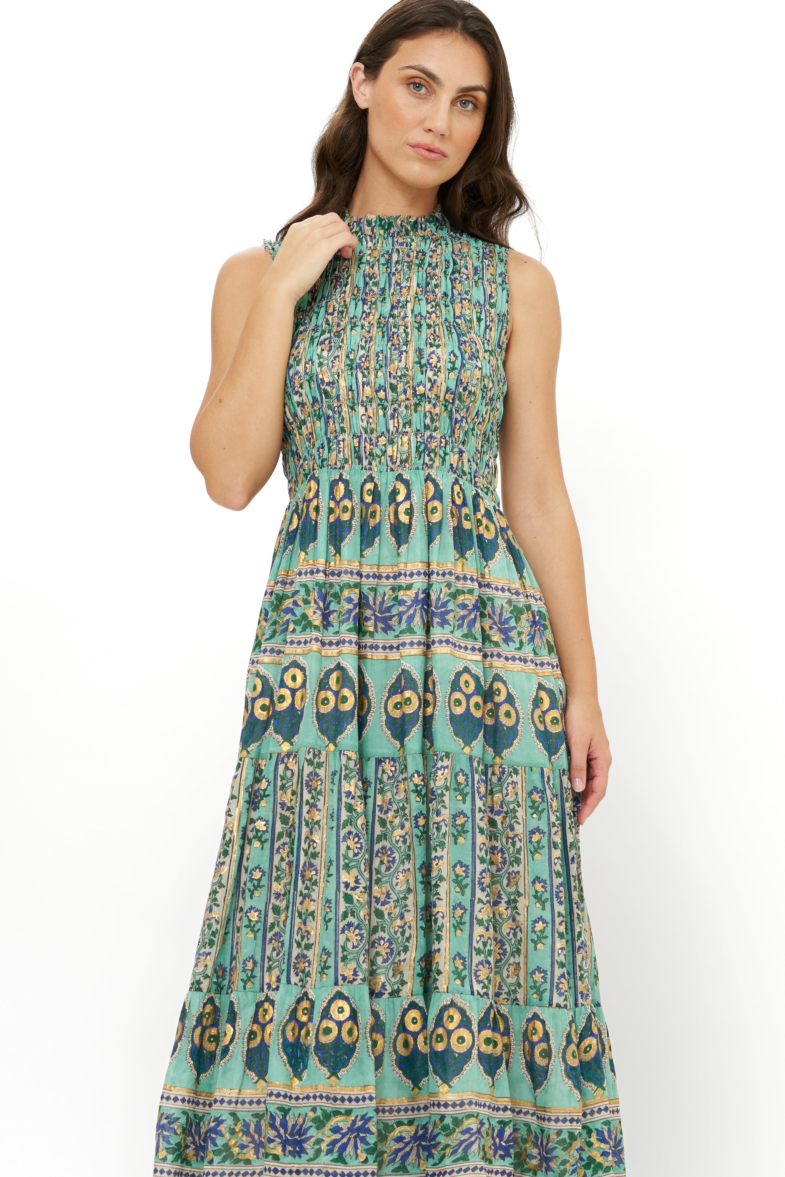 Sleeveless Smocked Maxi- Taj Aqua