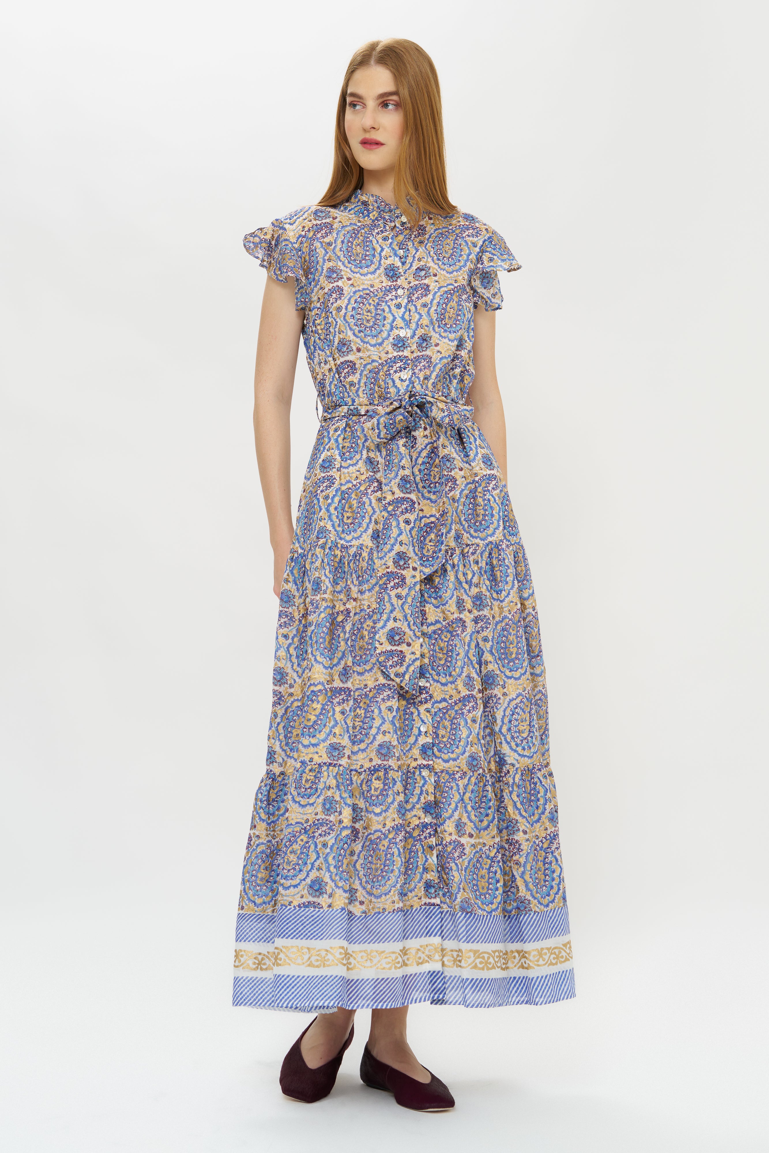 Ruffle Collar Button Maxi- Izmir Blue
