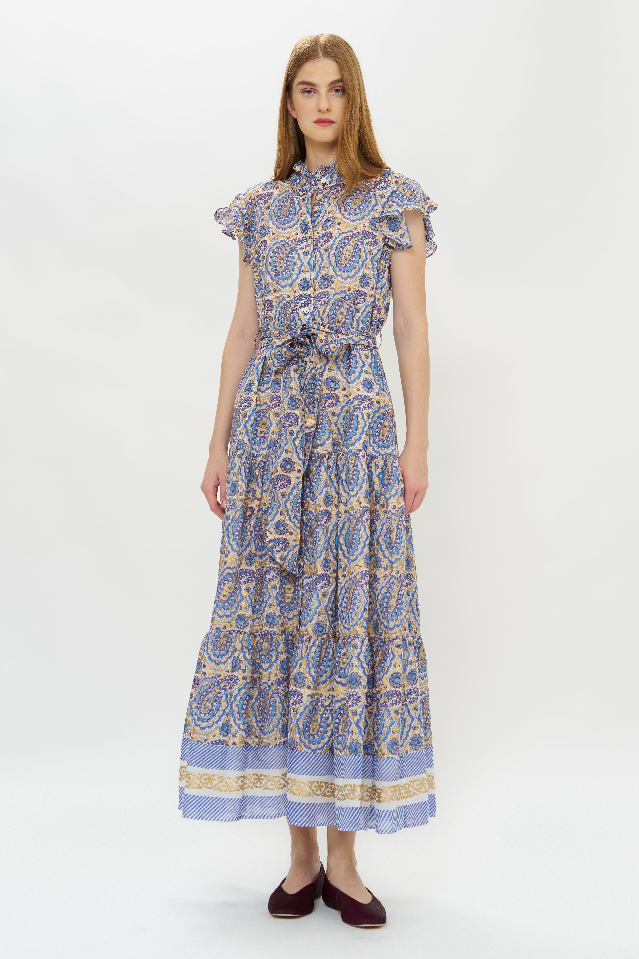 Ruffle Collar Button Maxi- Izmir Blue