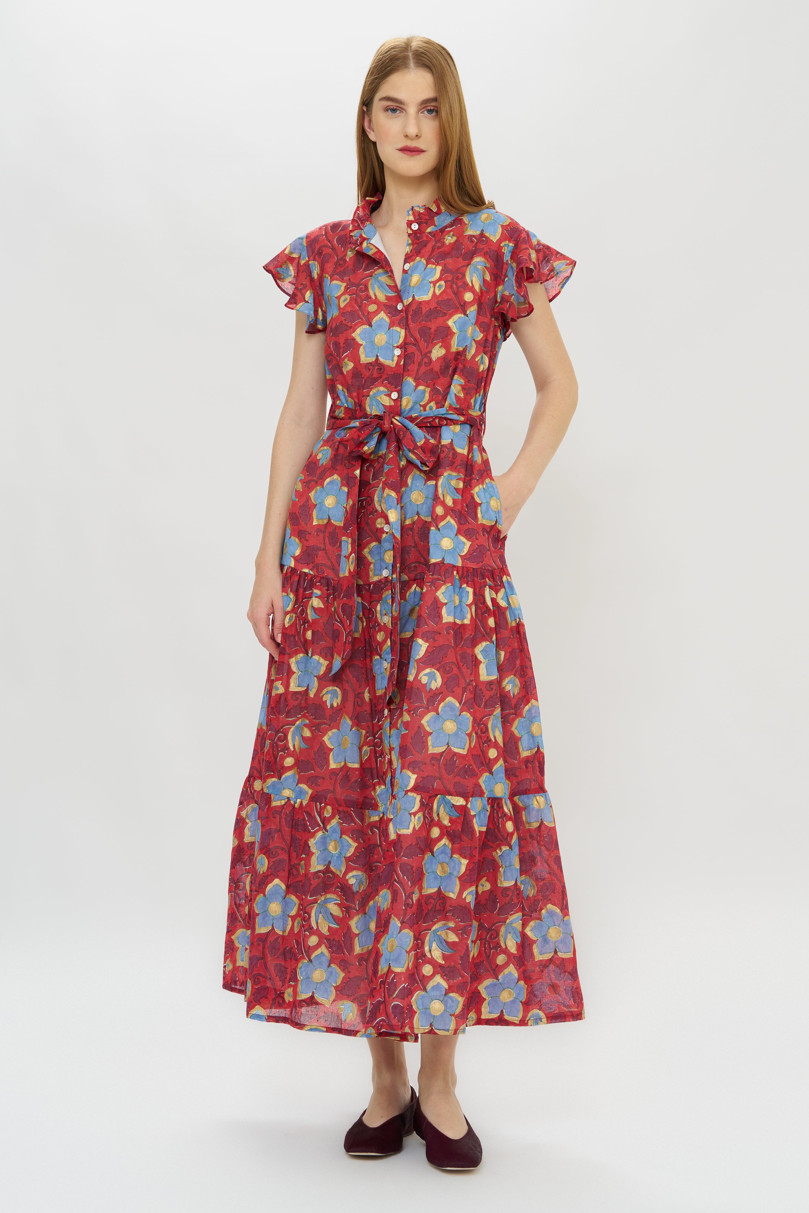 Ruffle Collar Button Maxi- Kildare Red