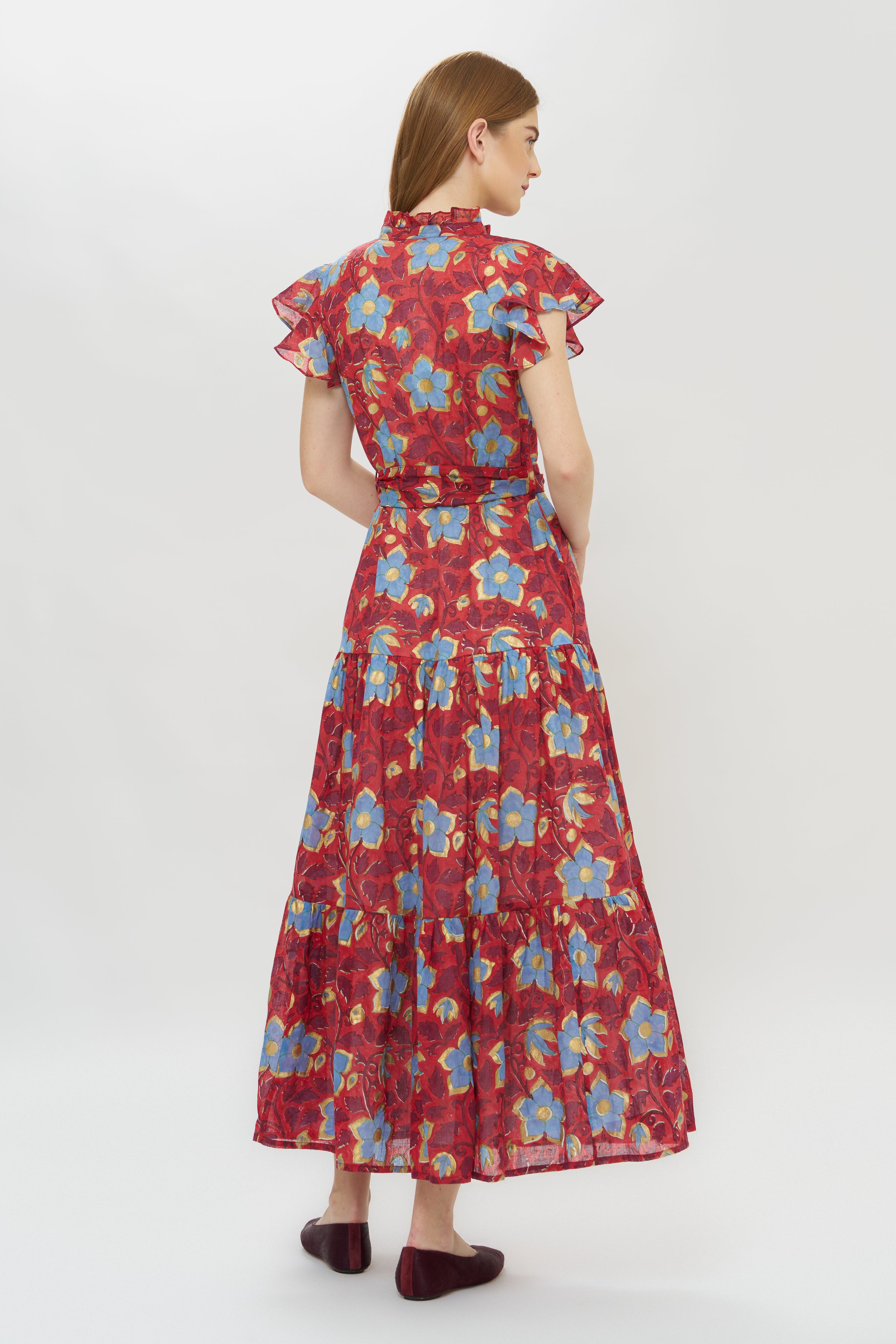 Ruffle Collar Button Maxi- Kildare Red