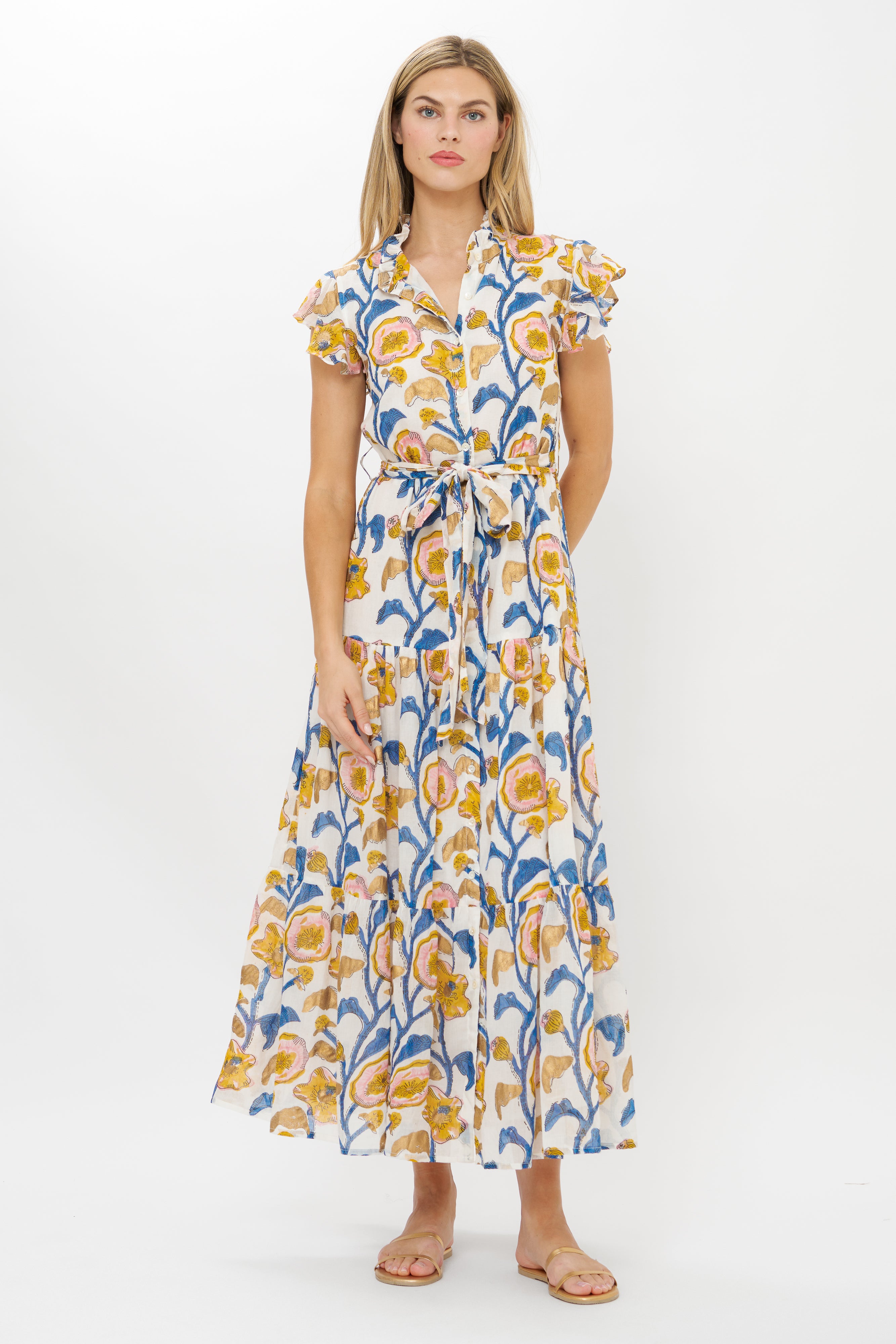Ruffle Collar Button Maxi- Poppy Marigold