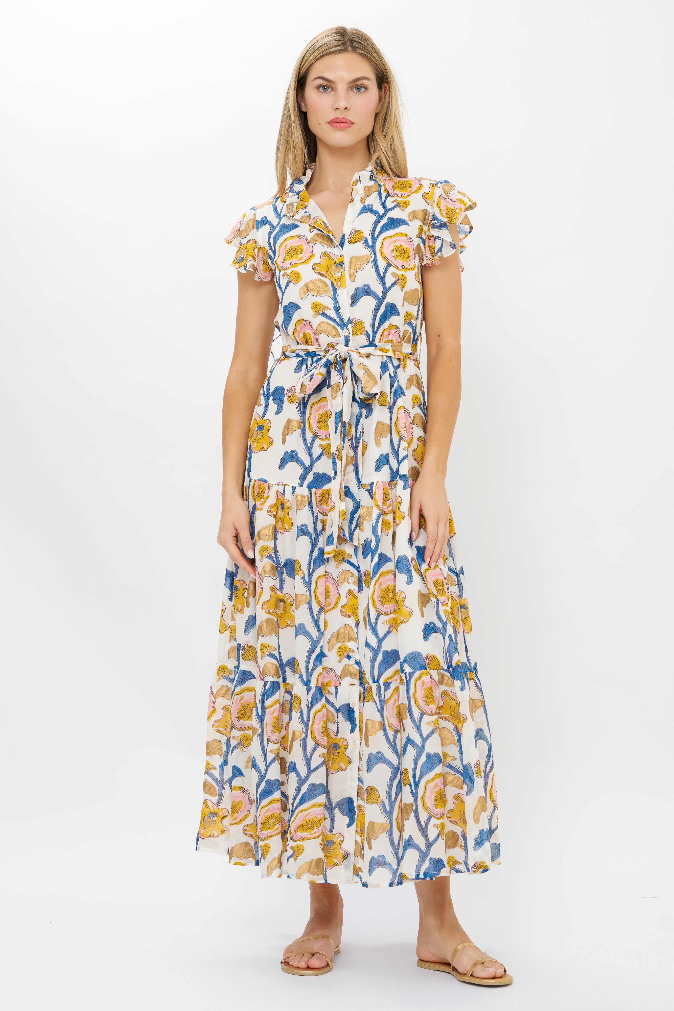 Ruffle Collar Button Maxi- Poppy Marigold