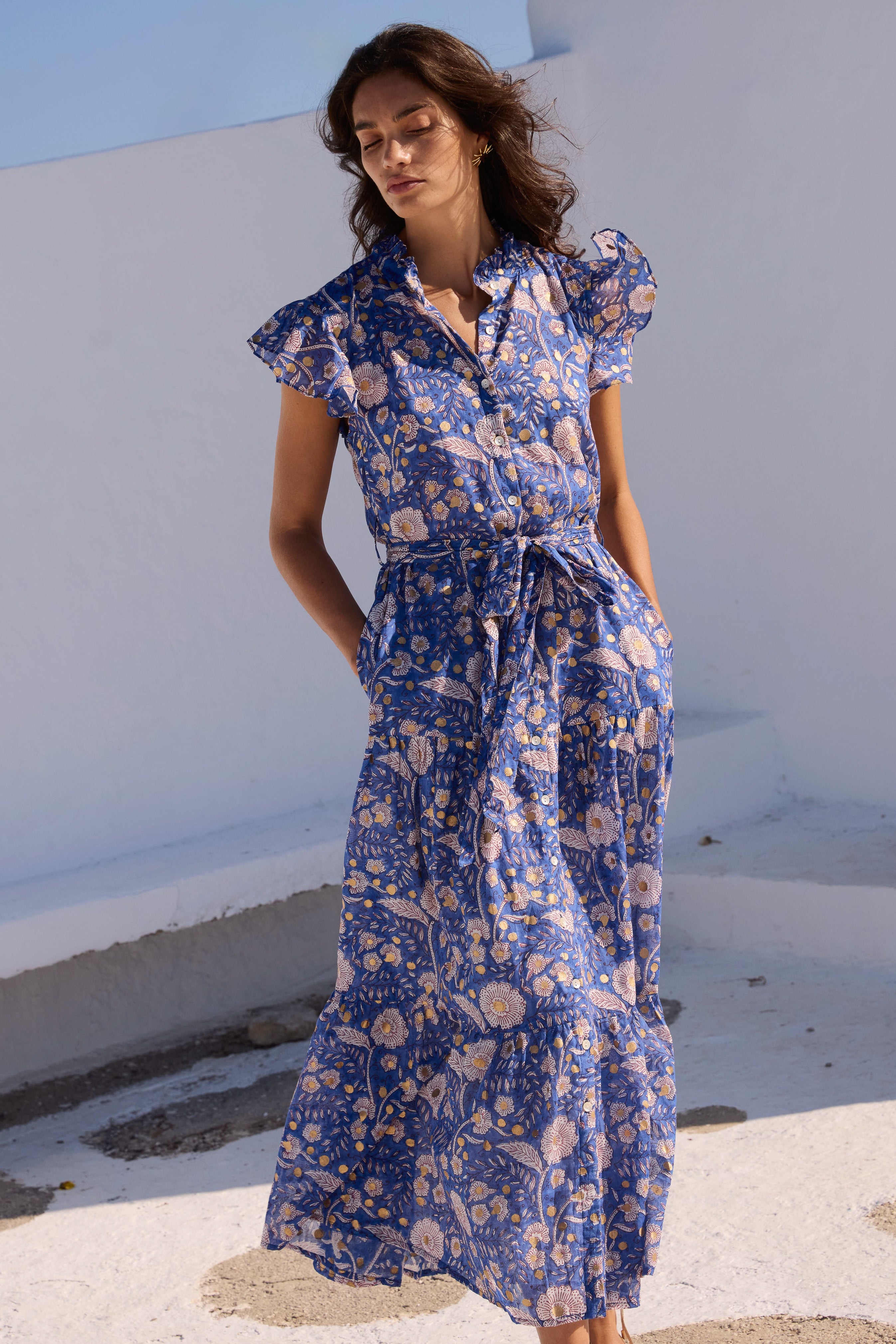 Ruffle Collar Button Maxi- Carolina Cobalt