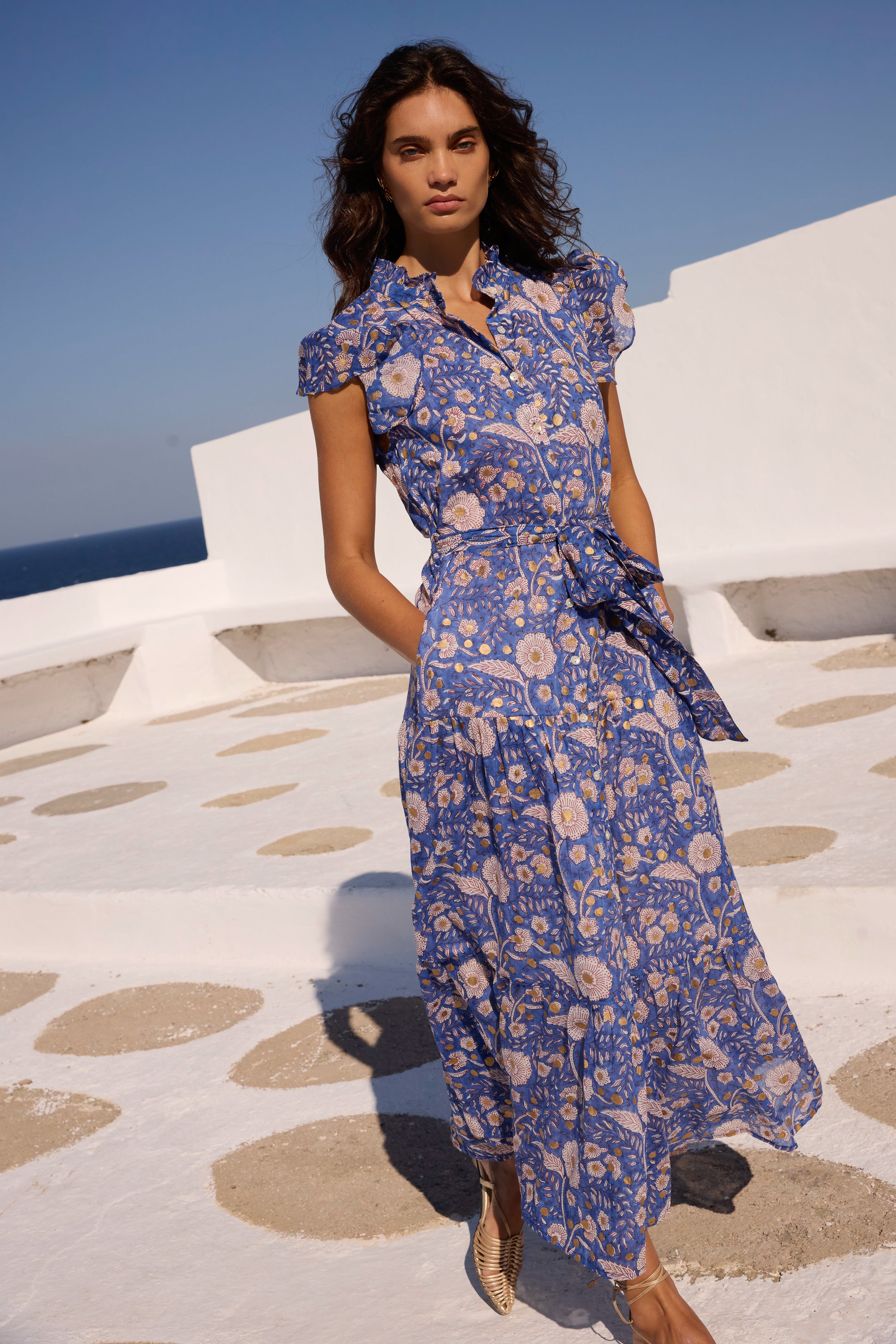 Ruffle Collar Button Maxi- Carolina Cobalt