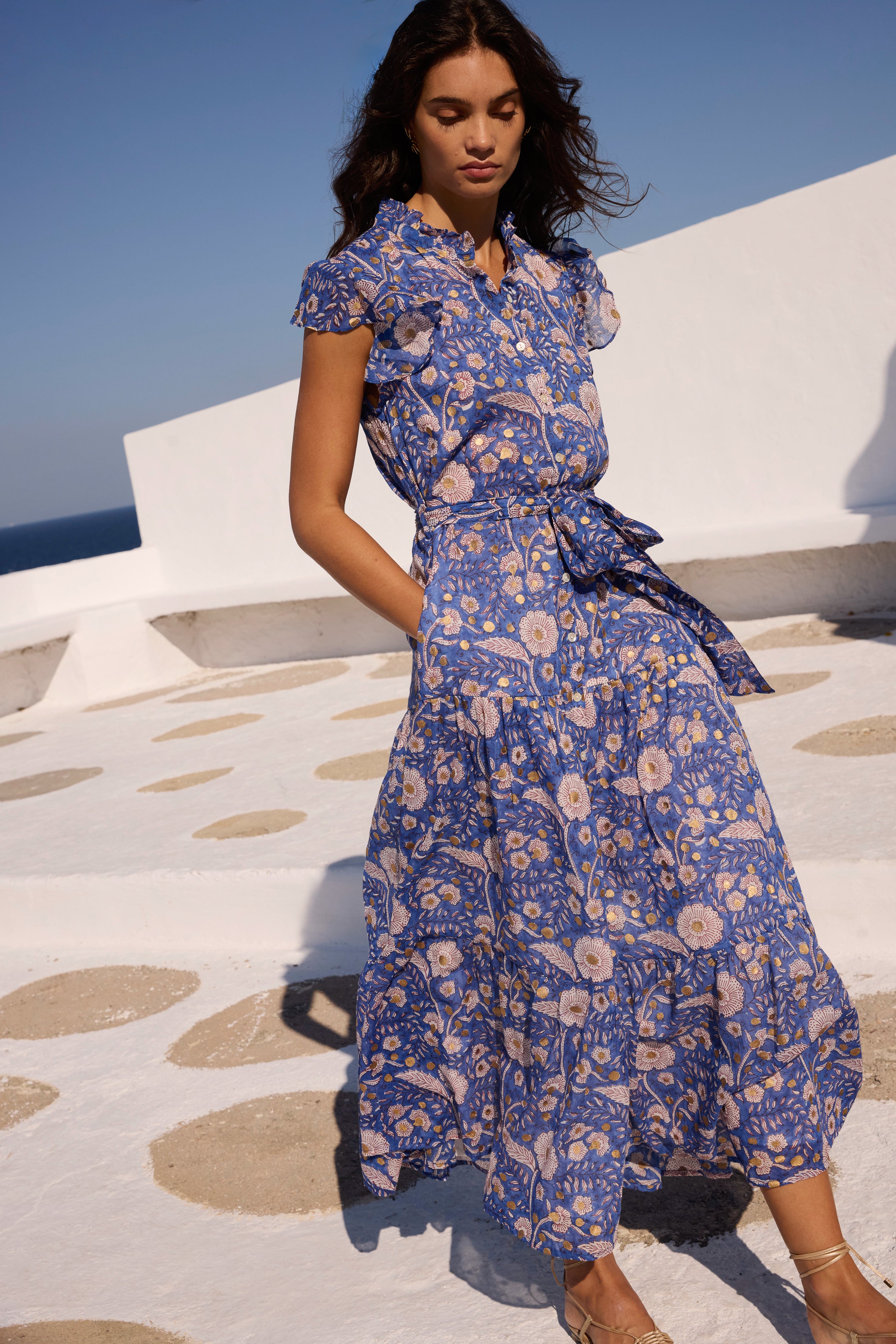 Ruffle Collar Button Maxi- Carolina Cobalt