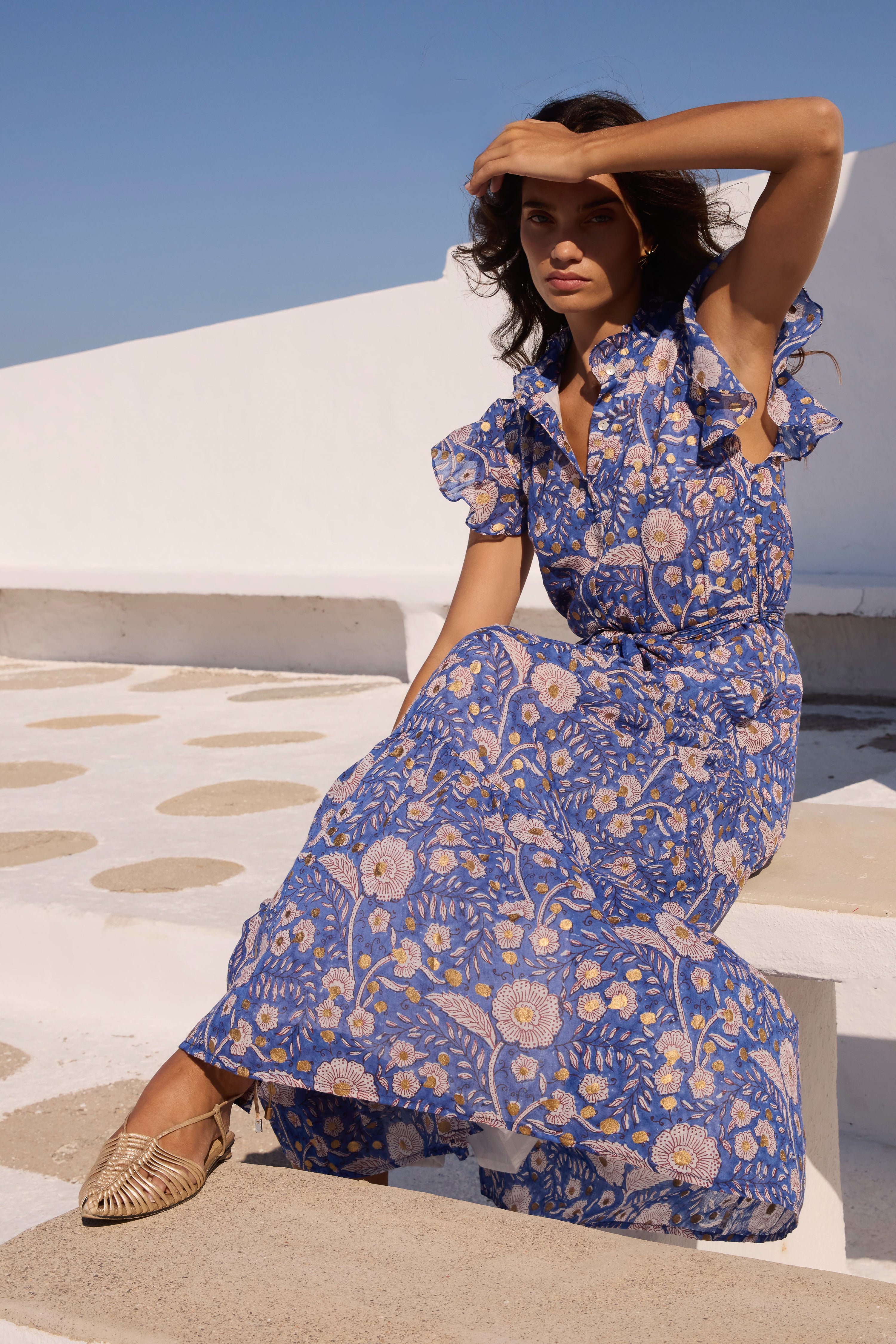 Ruffle Collar Button Maxi- Carolina Cobalt