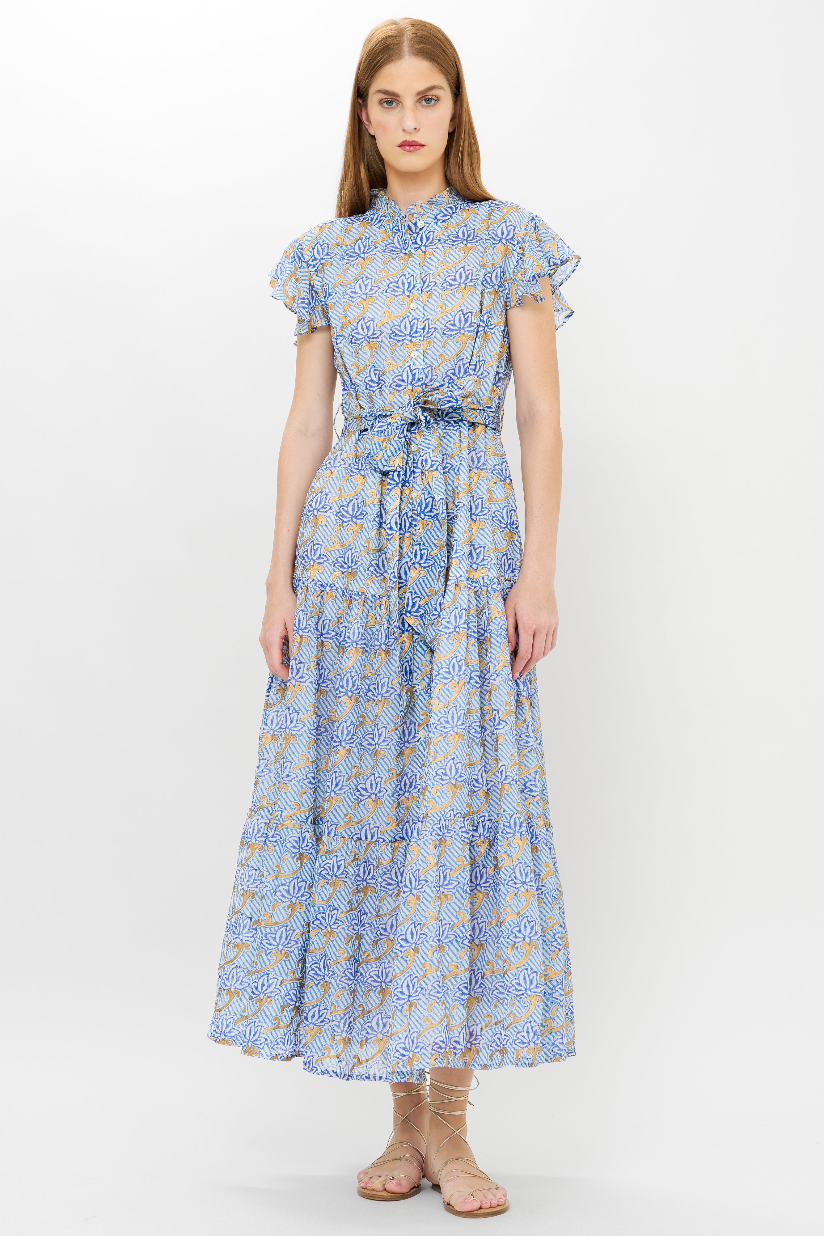 Ruffle Collar Button Maxi- Florence Blue