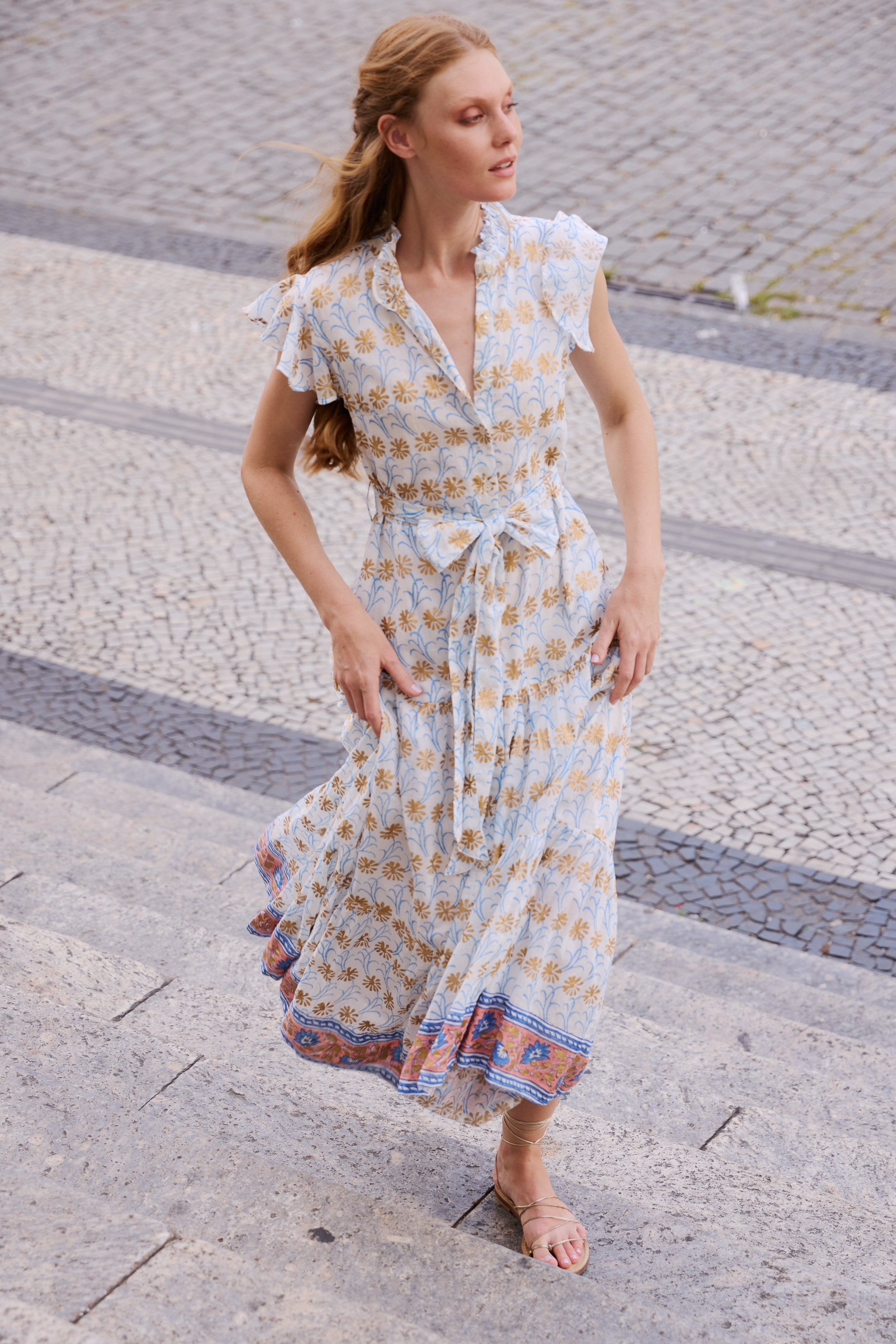 Ruffle Collar Button Maxi- Geneva Blue