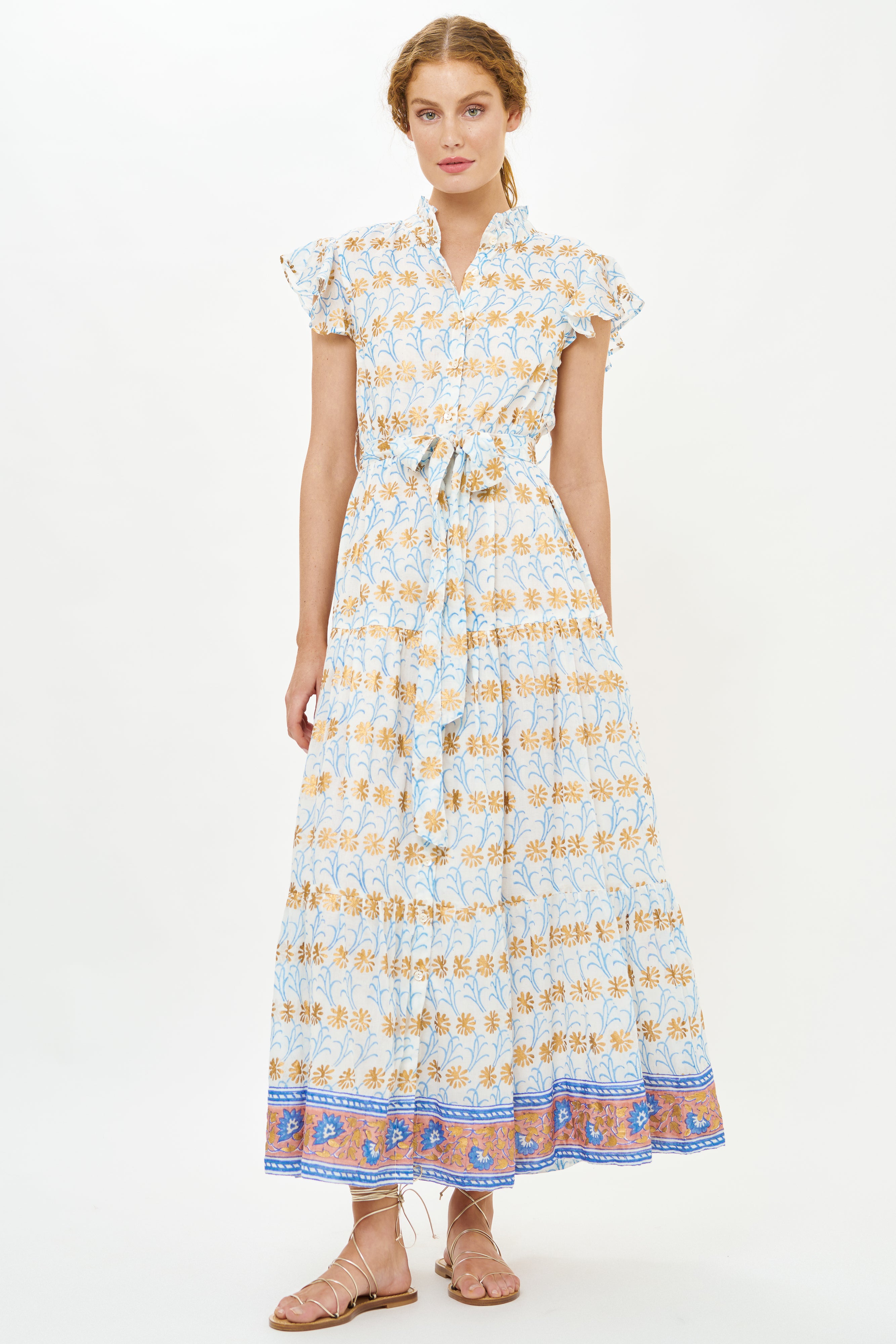 Ruffle Collar Button Maxi- Geneva Blue