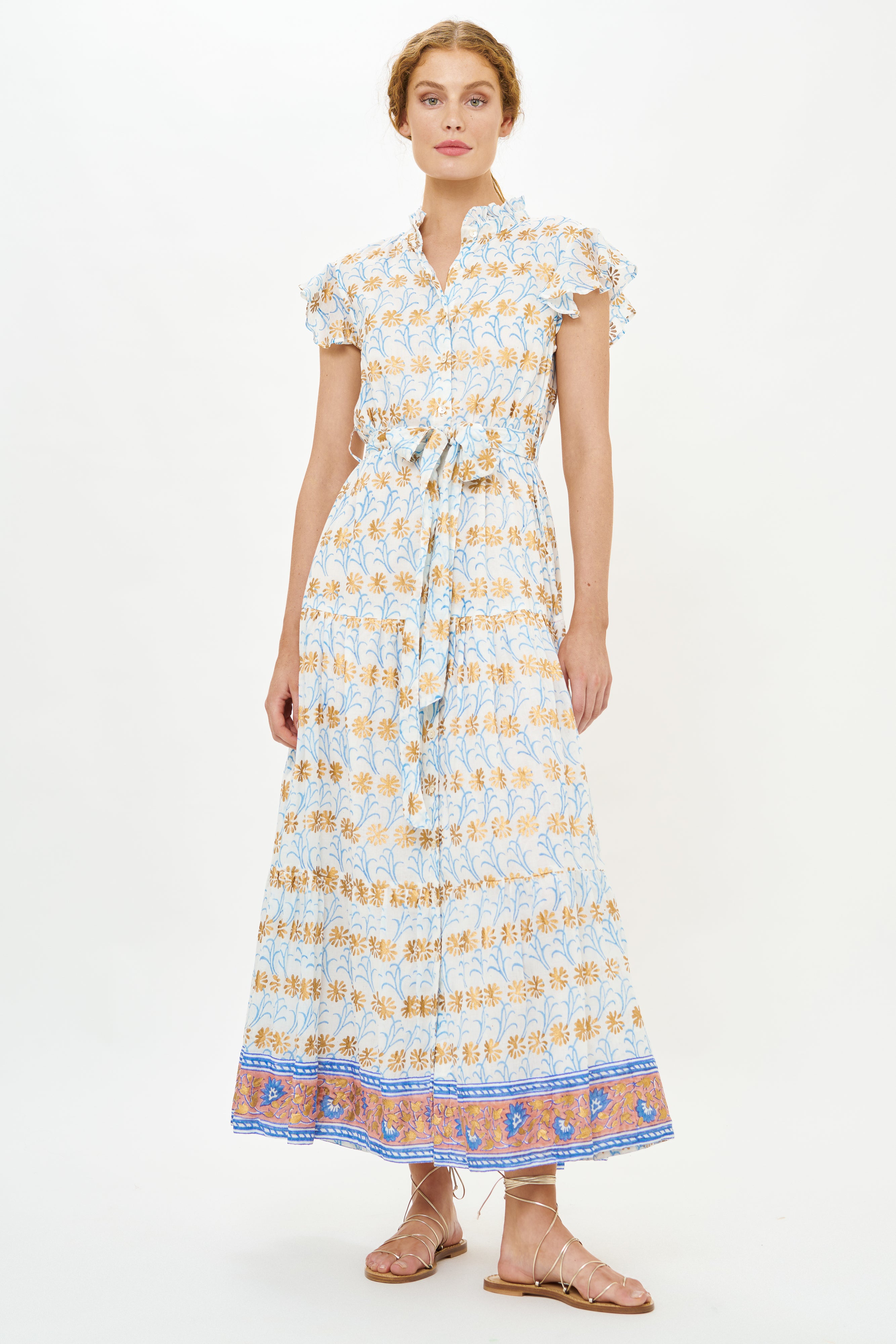 Ruffle Collar Button Maxi- Geneva Blue