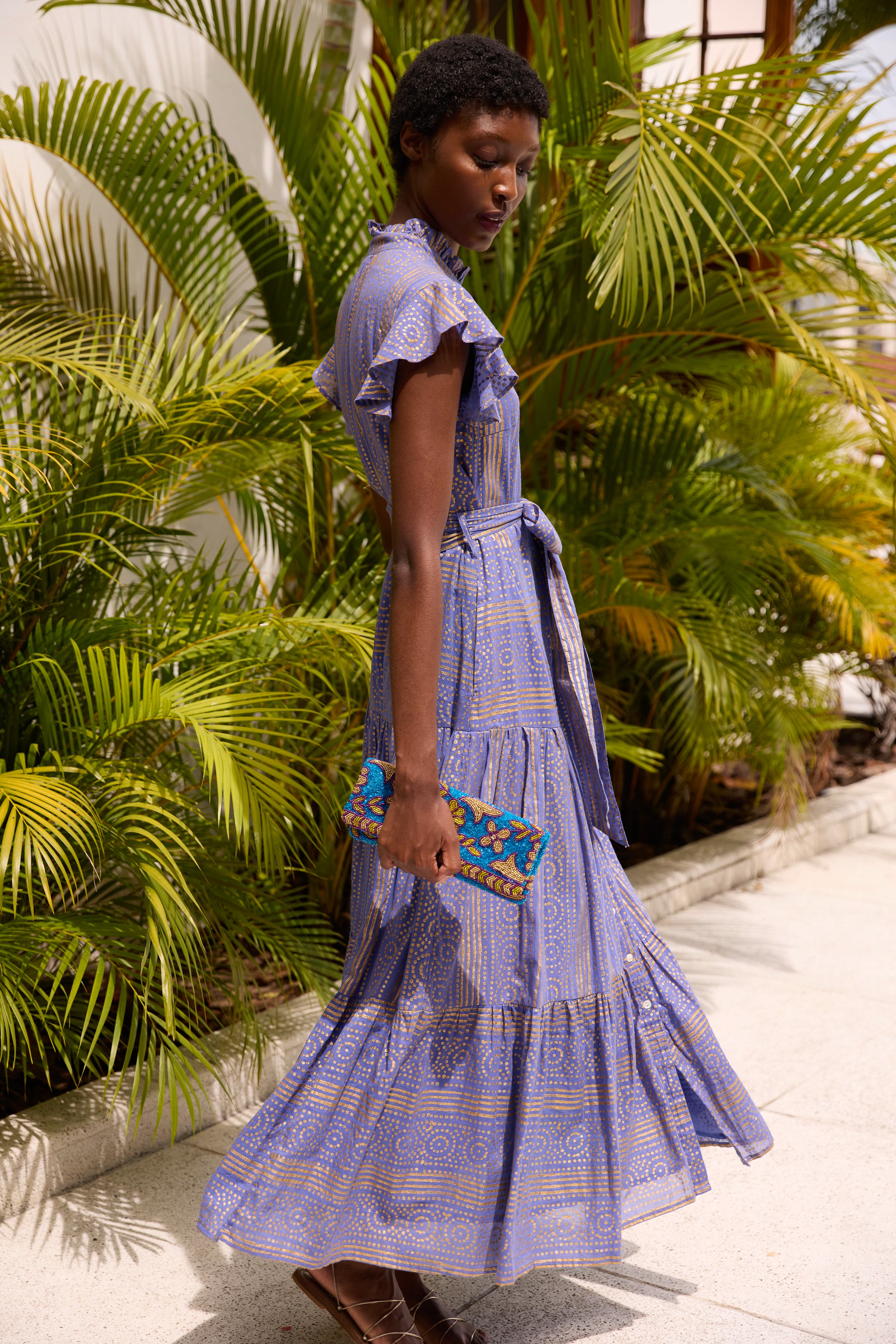 Ruffle Collar Button Maxi- Helene Blue
