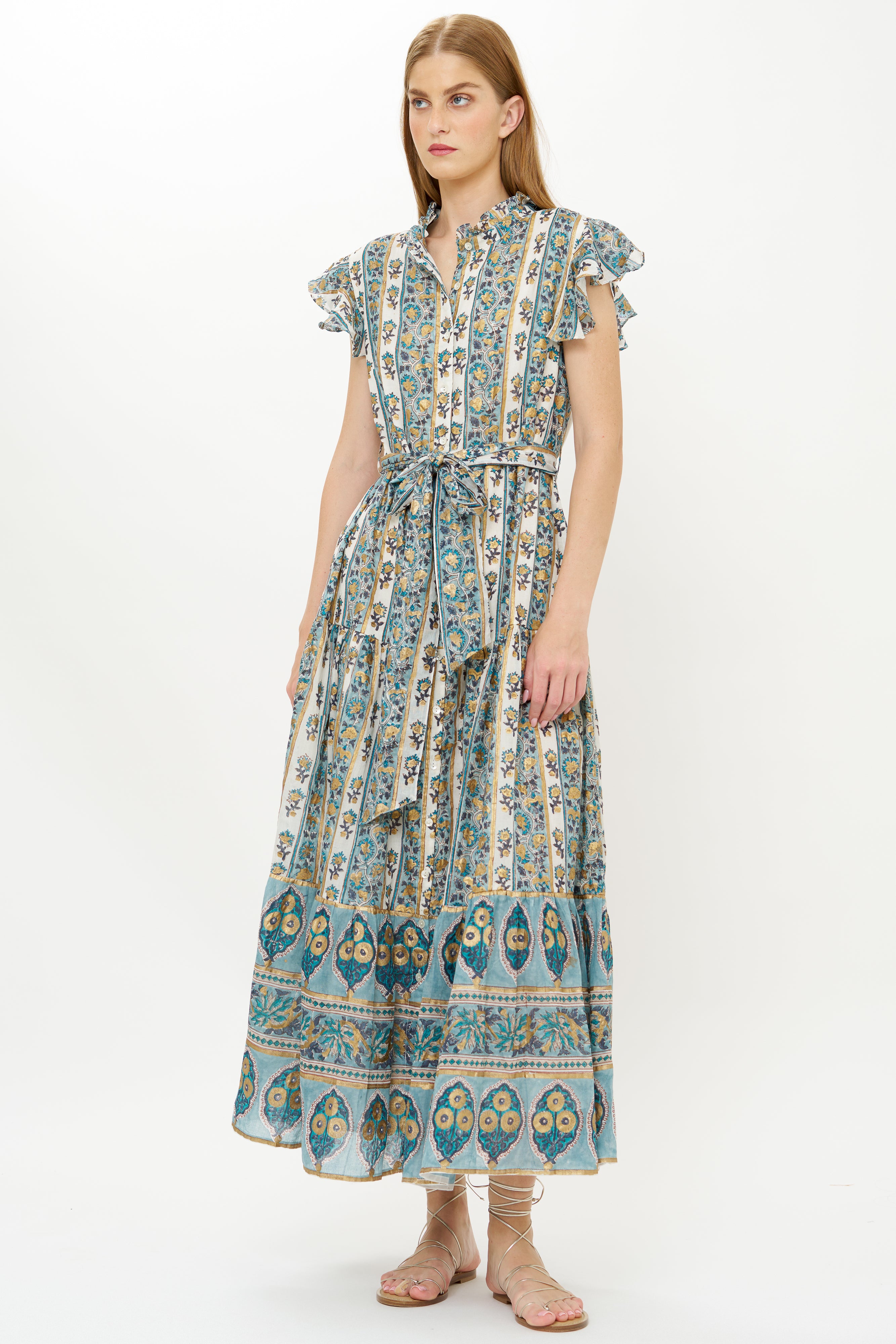 Ruffle Collar Button Maxi- Taj Blue