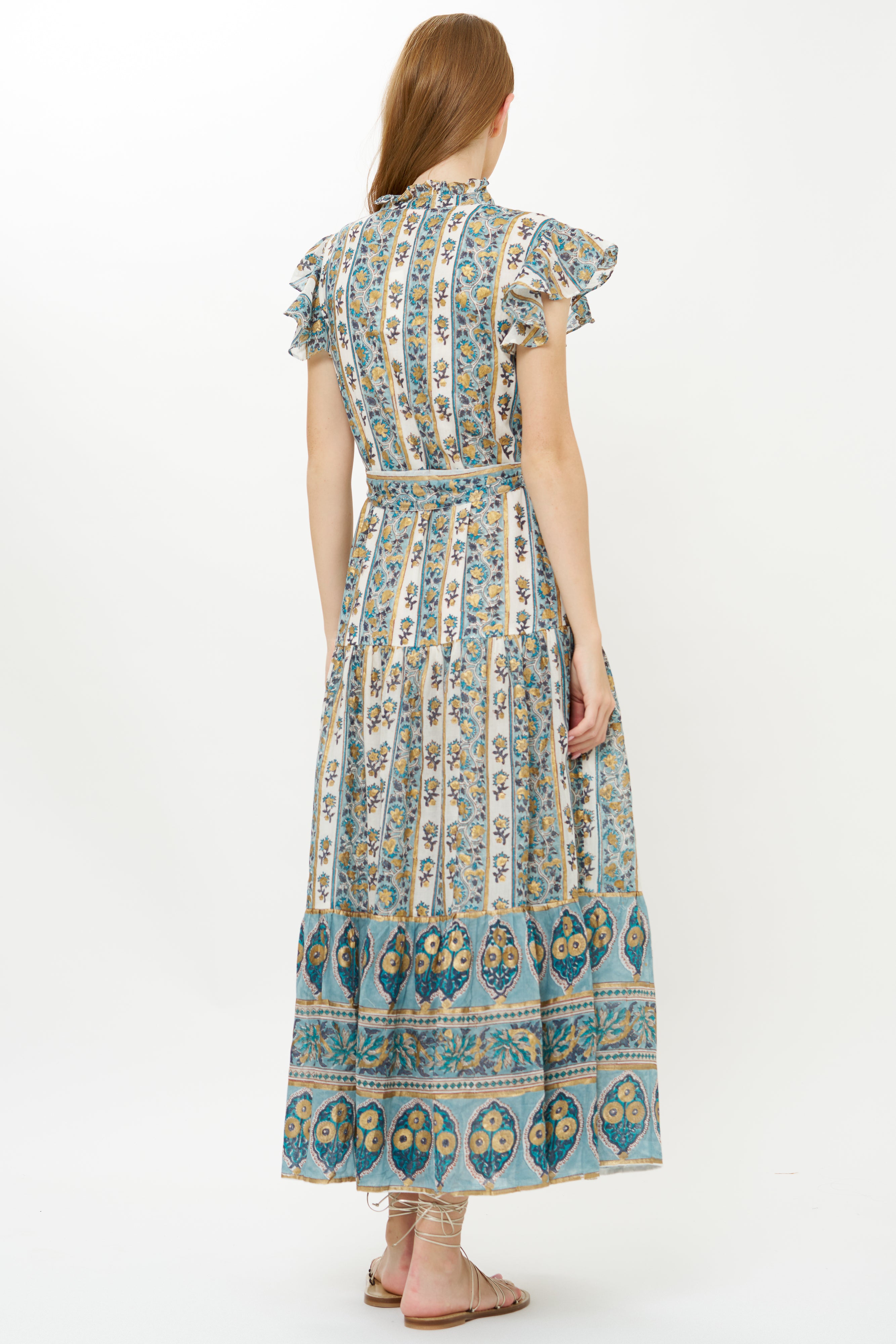 Ruffle Collar Button Maxi- Taj Blue