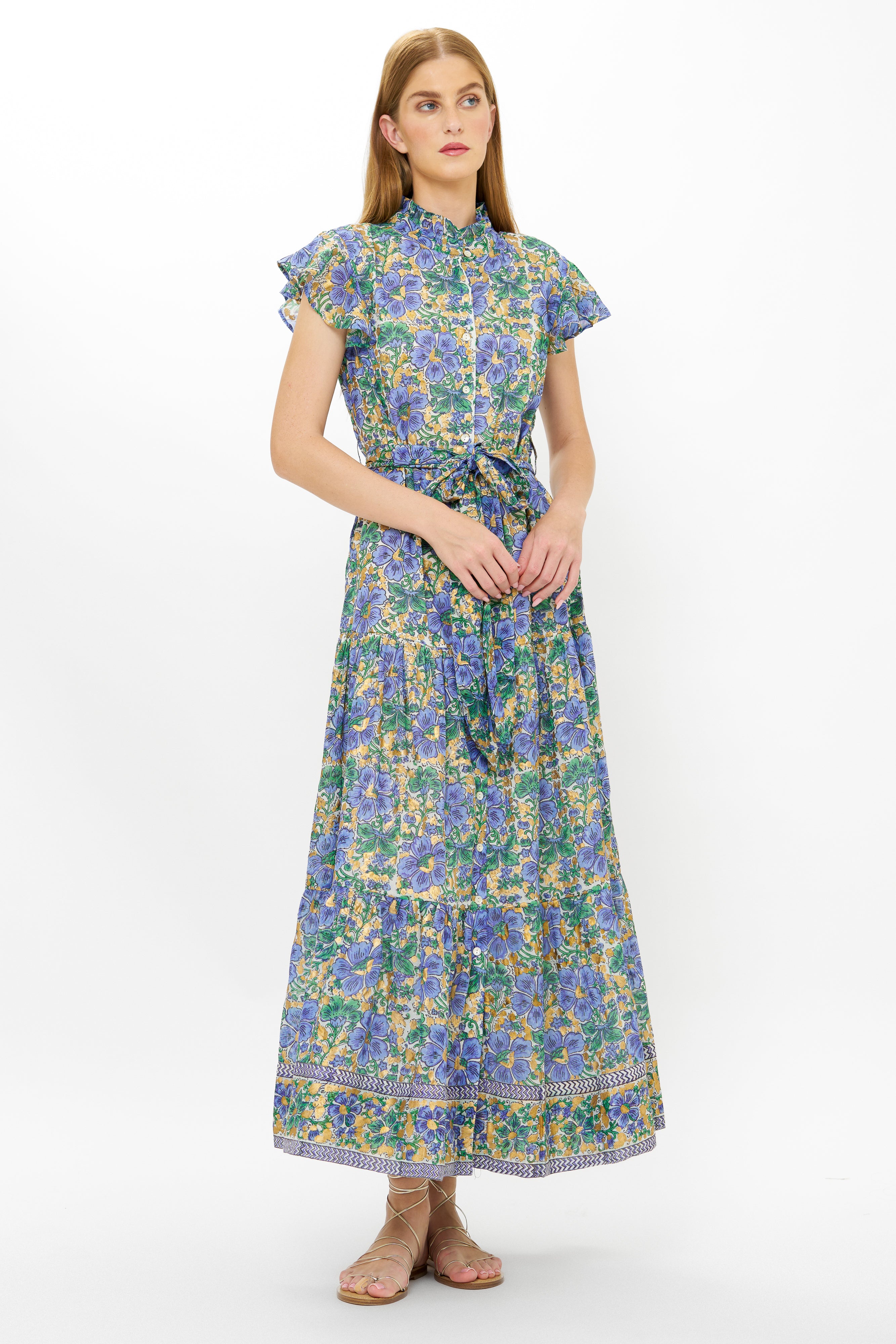 Ruffle Collar Button Maxi- Matera Blue