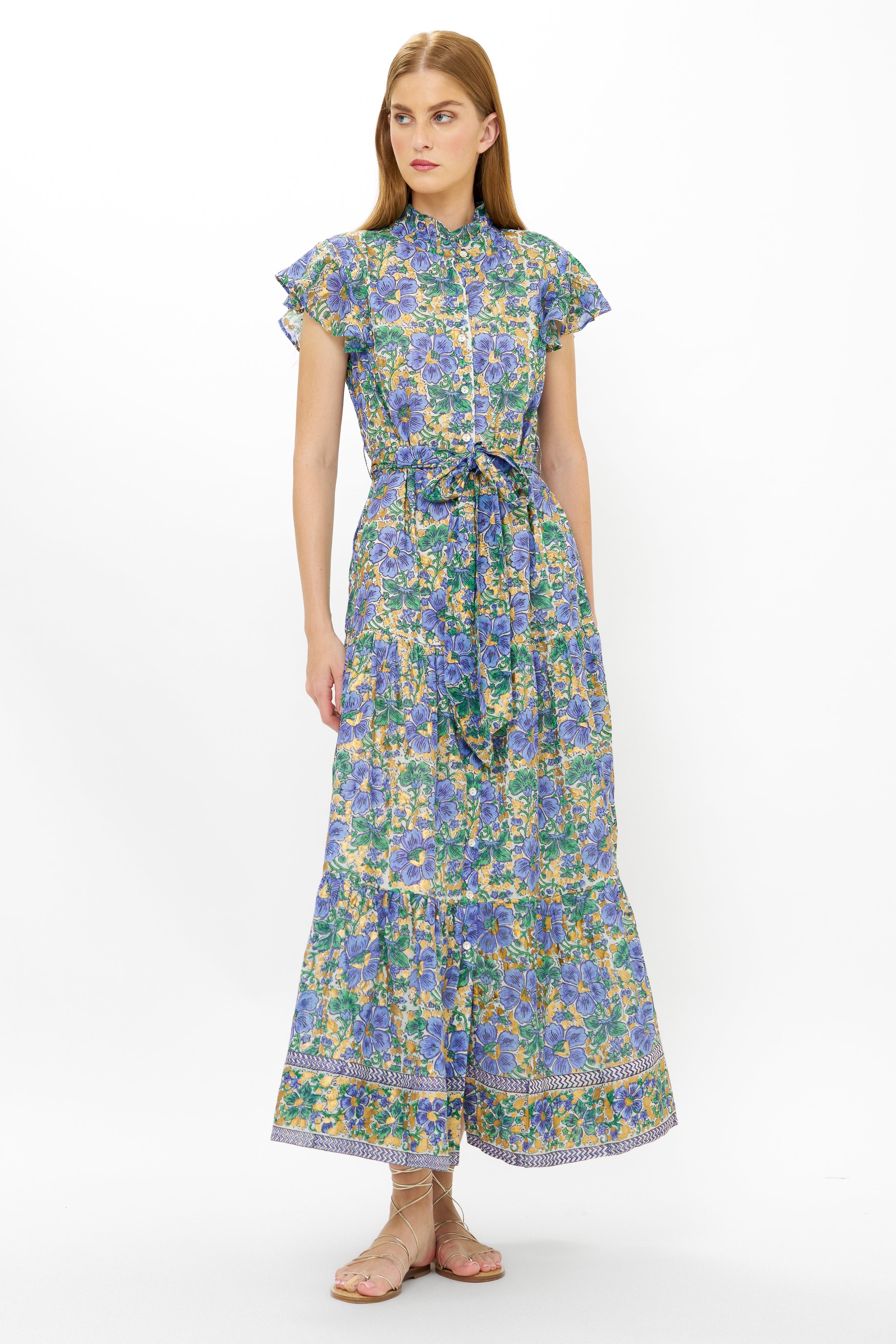 Ruffle Collar Button Maxi- Matera Blue