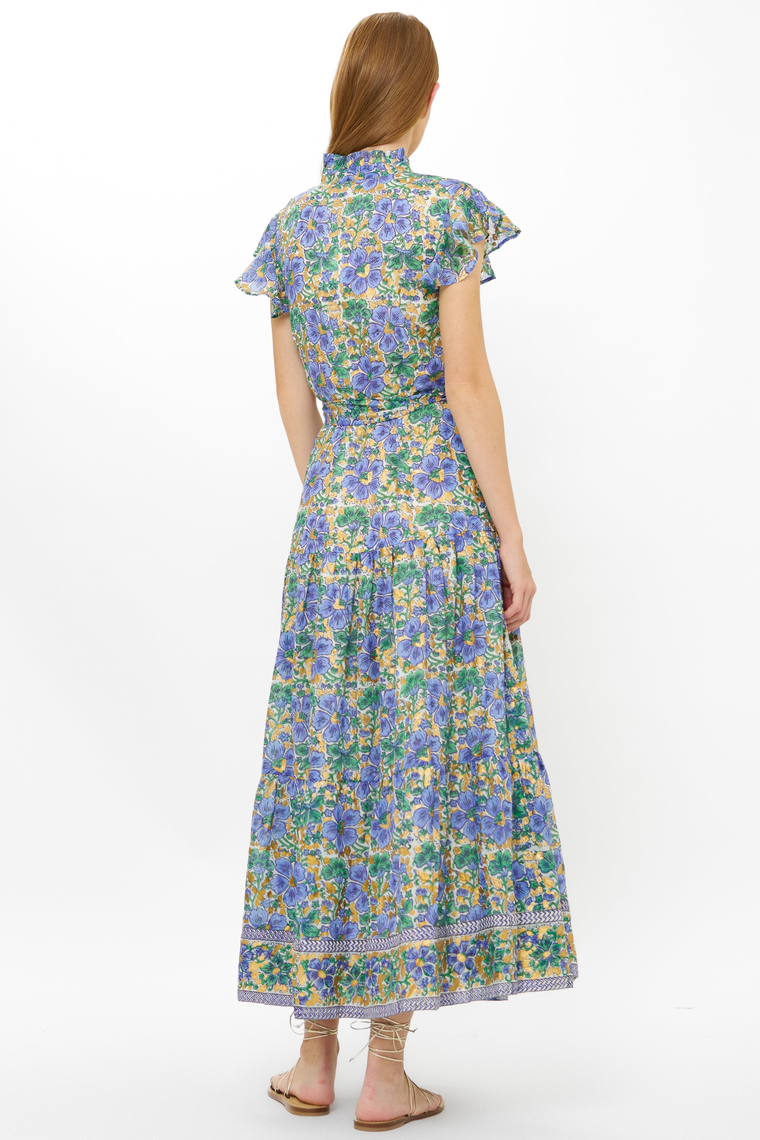 Ruffle Collar Button Maxi- Matera Blue