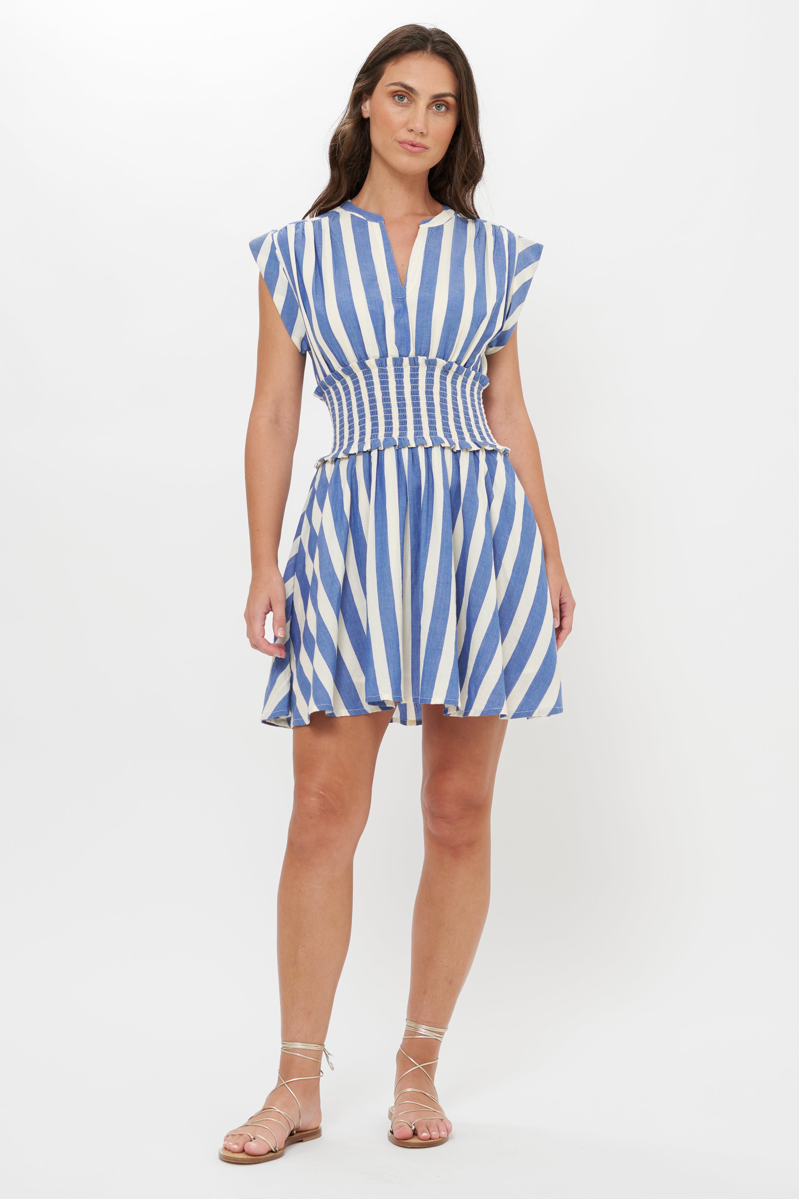 Smocked Waist Roll Sleeve- Solana Blue