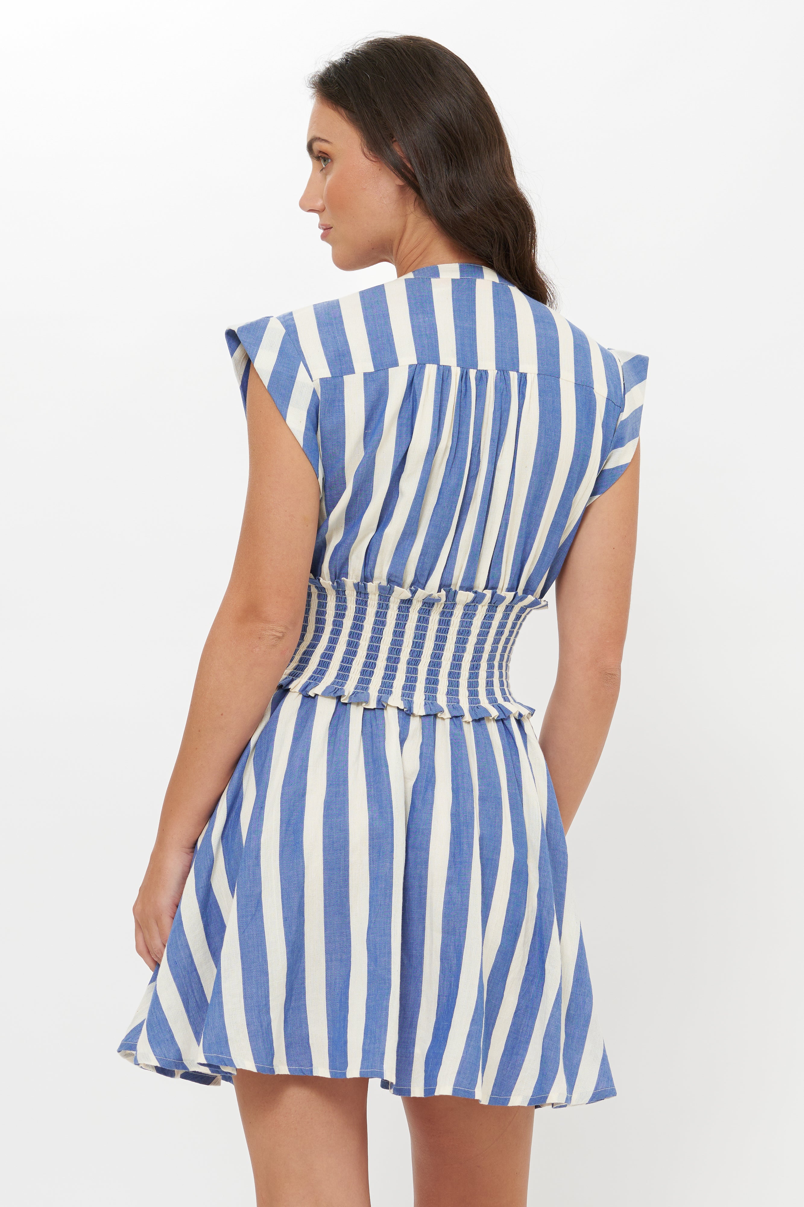 Smocked Waist Roll Sleeve- Solana Blue