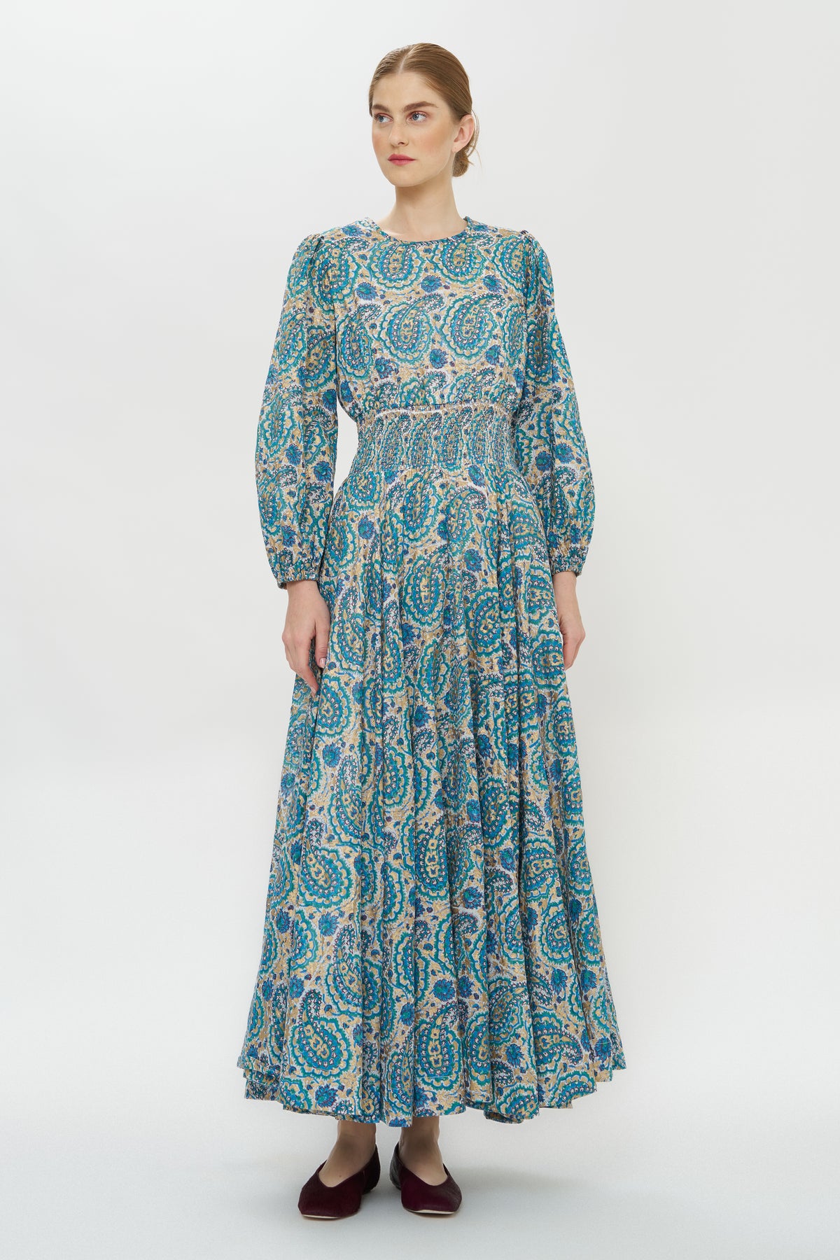 Smocked Waist Crewneck Maxi- Izmir Teal