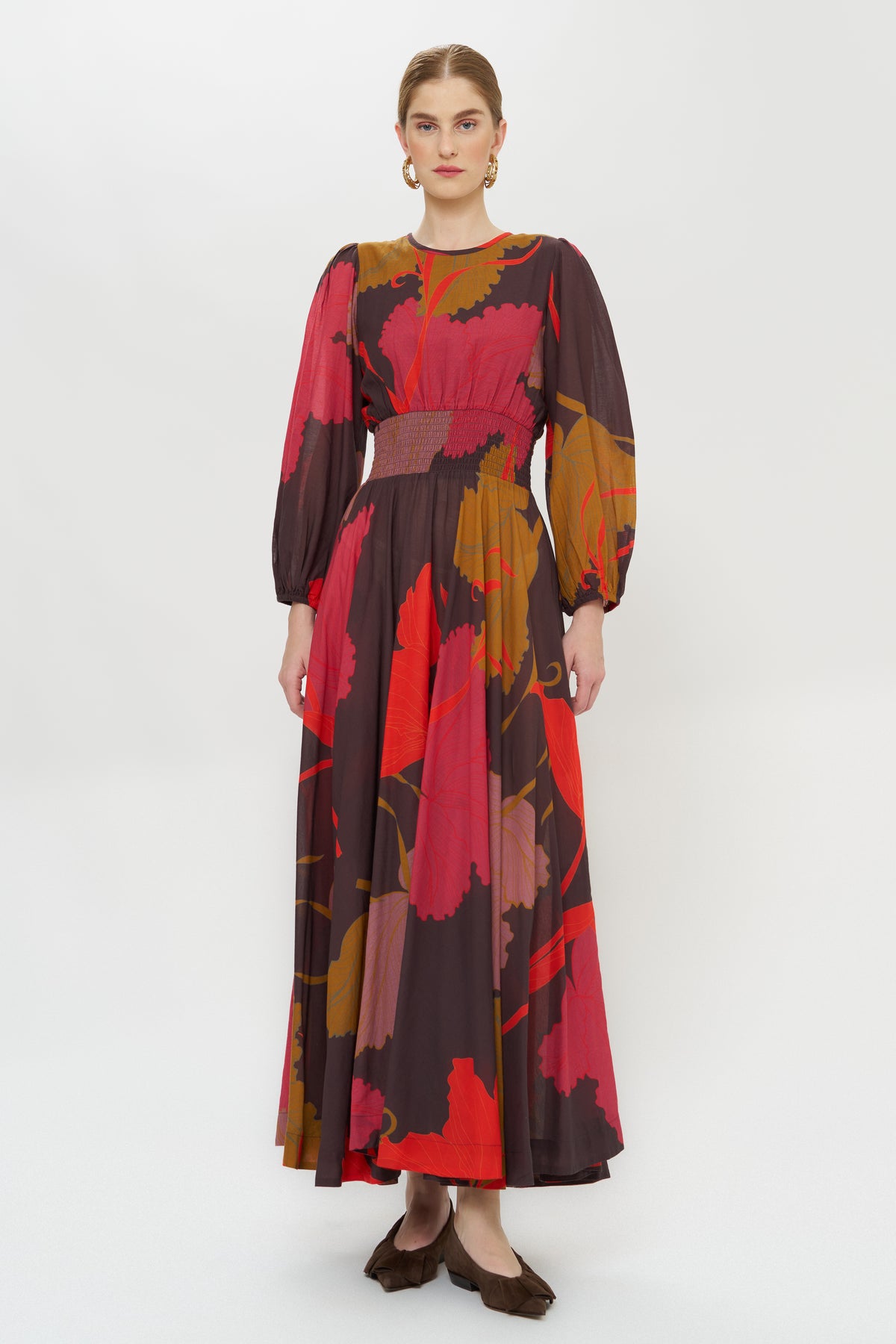Smocked Waist Crewneck Maxi- Hague Brown