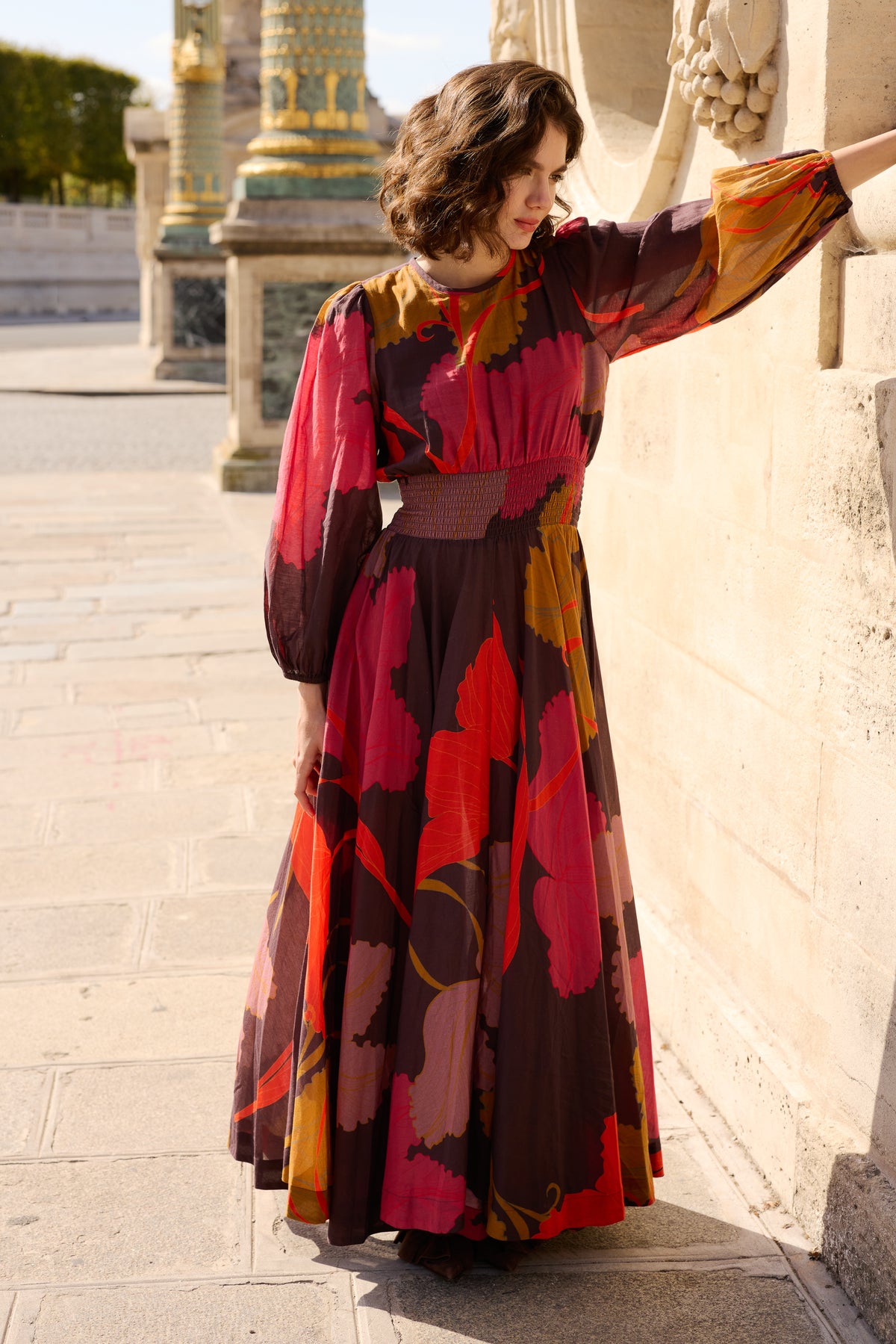 Smocked Waist Crewneck Maxi- Hague Brown