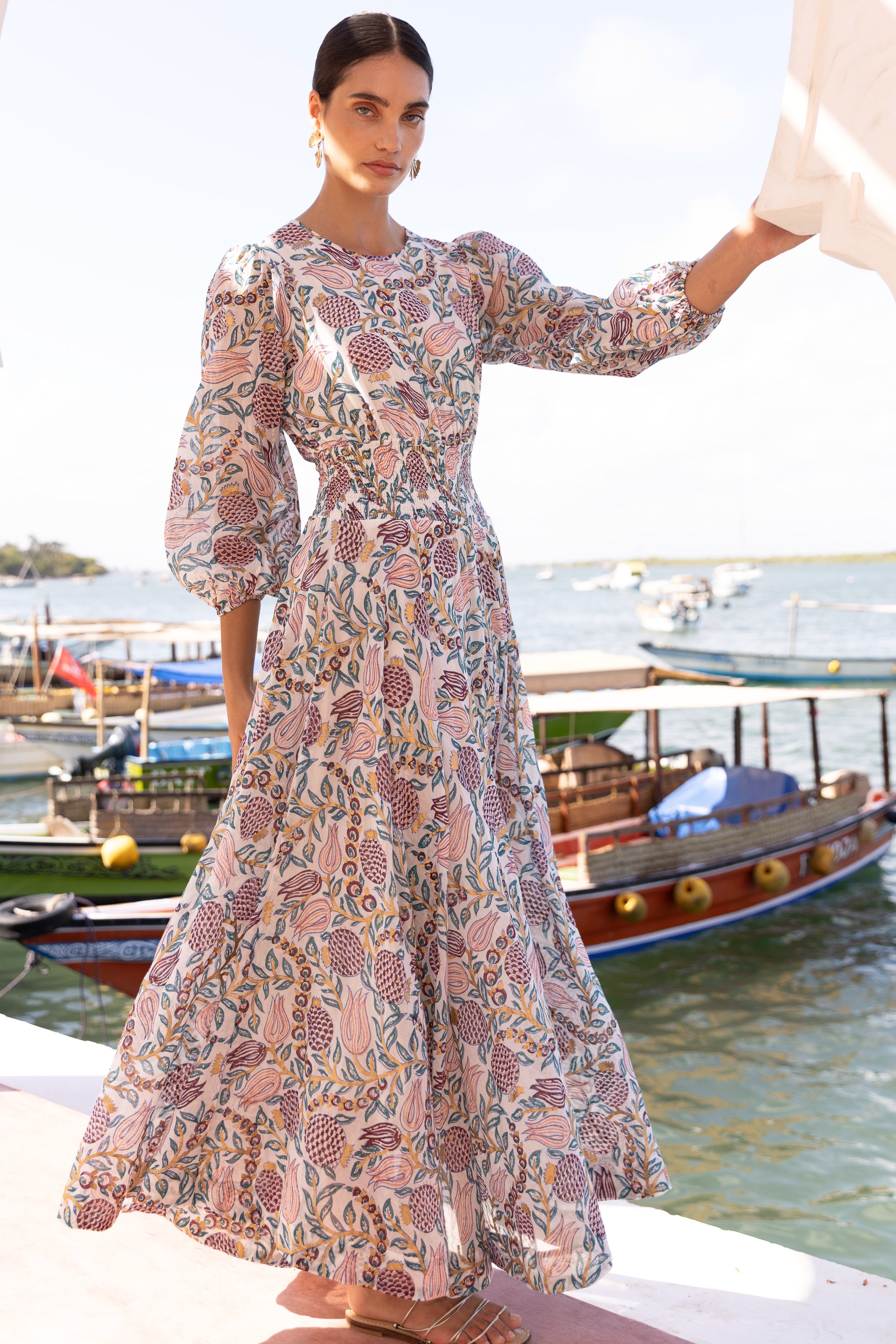 Smocked Waist Crew Neck Maxi- Tupi Teal