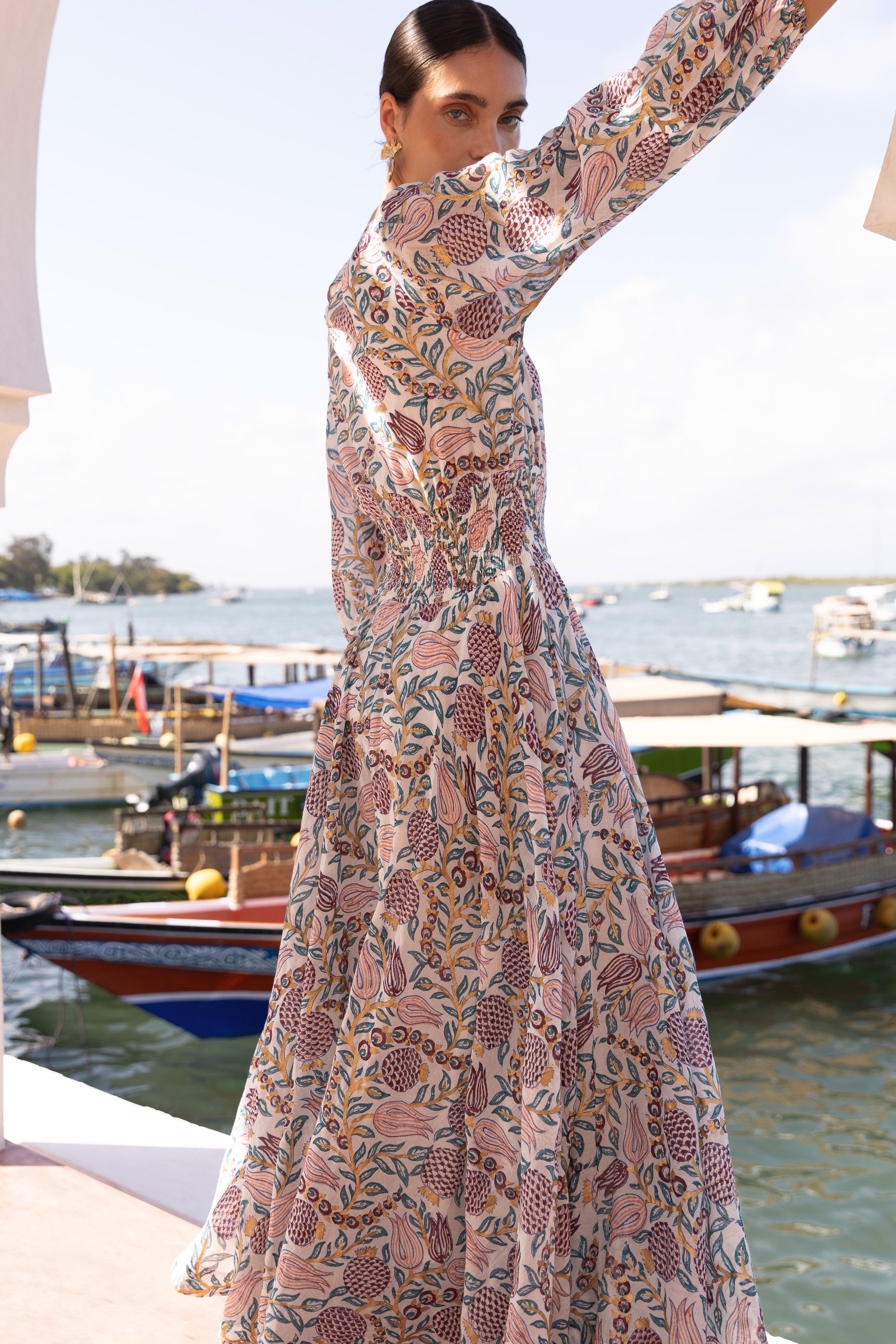 Smocked Waist Crew Neck Maxi- Tupi Teal