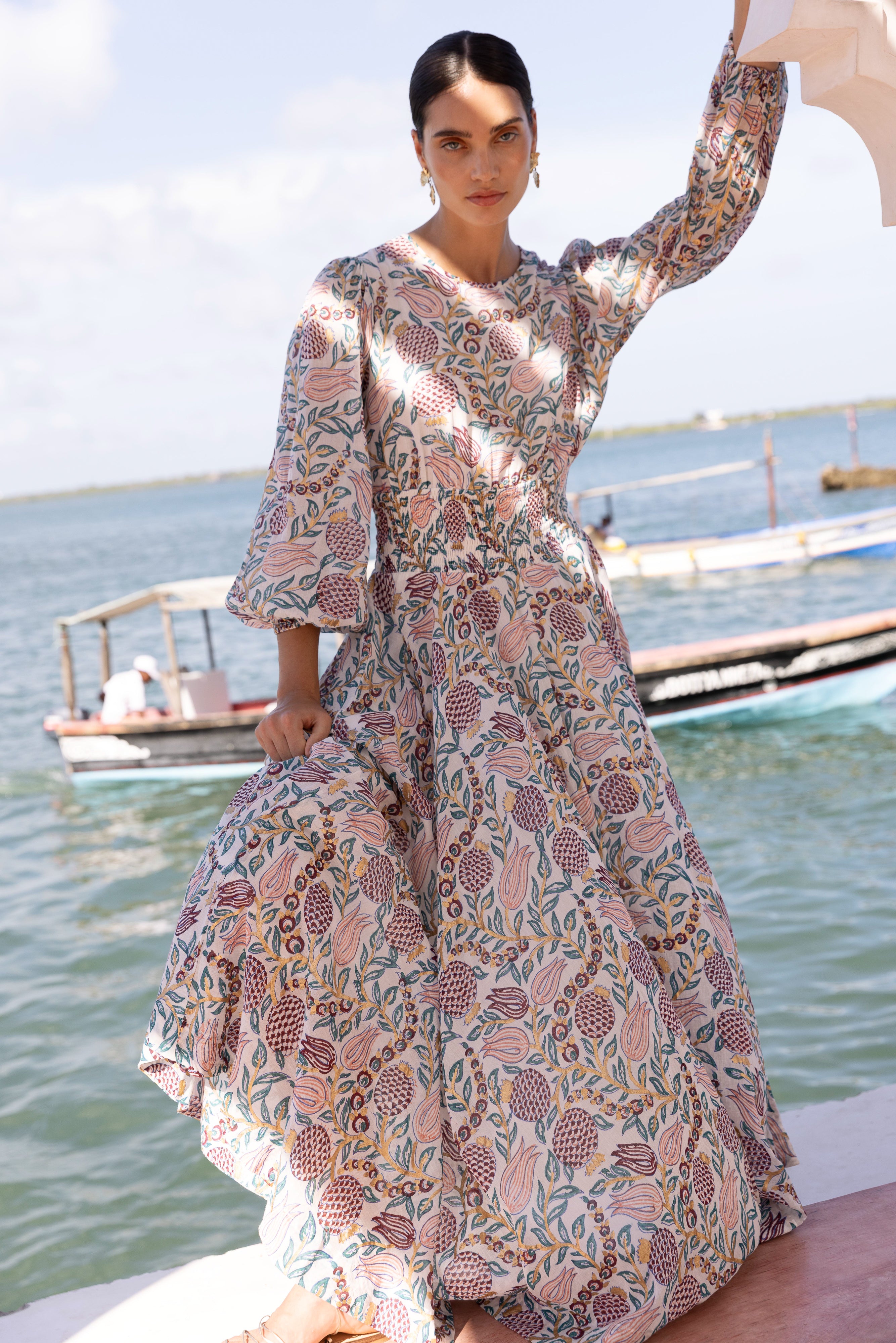 Smocked Waist Crew Neck Maxi- Tupi Teal