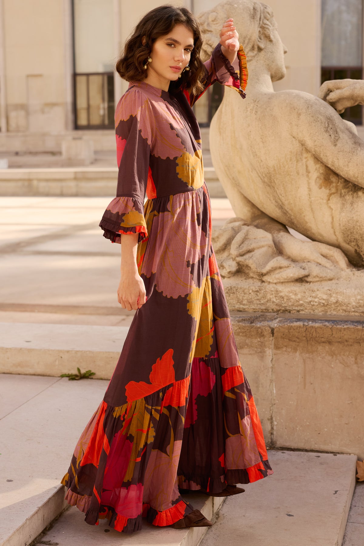 High Neck Bell Maxi- Hague Brown