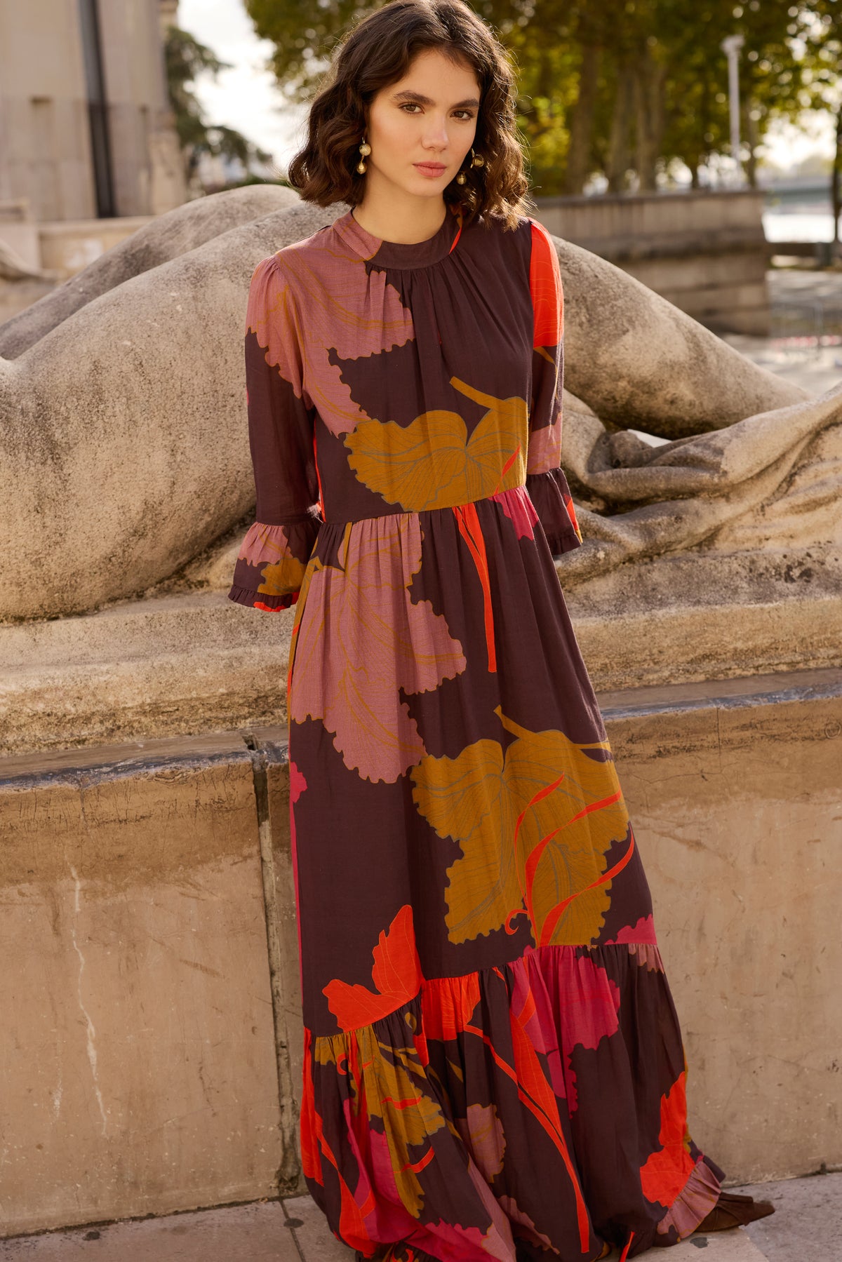 High Neck Bell Maxi- Hague Brown