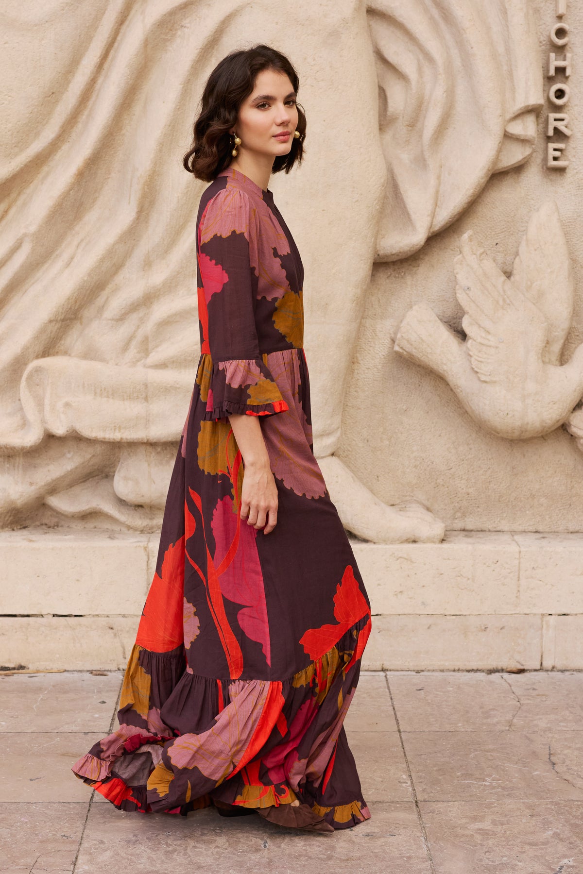 High Neck Bell Maxi- Hague Brown