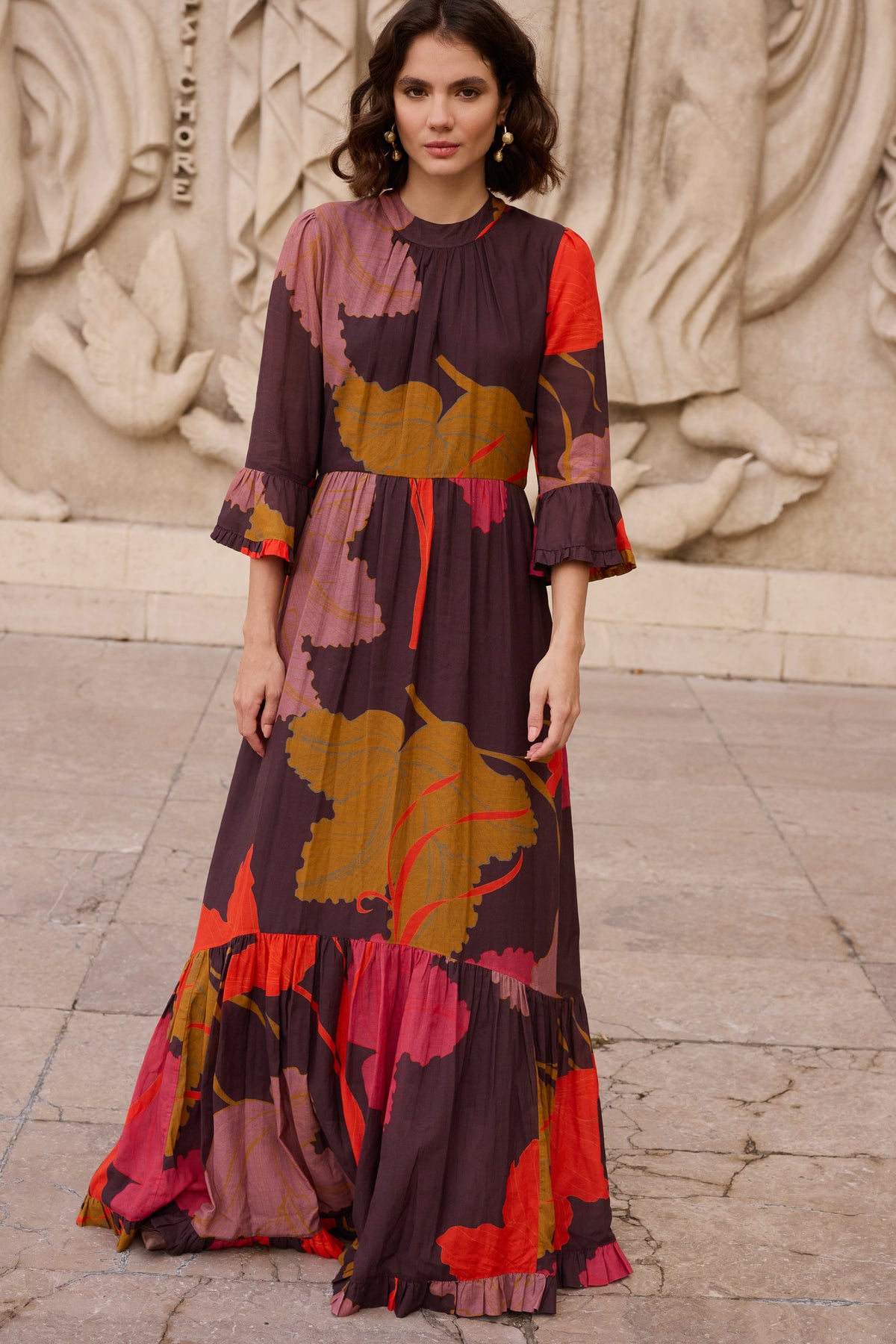 High Neck Bell Maxi- Hague Brown