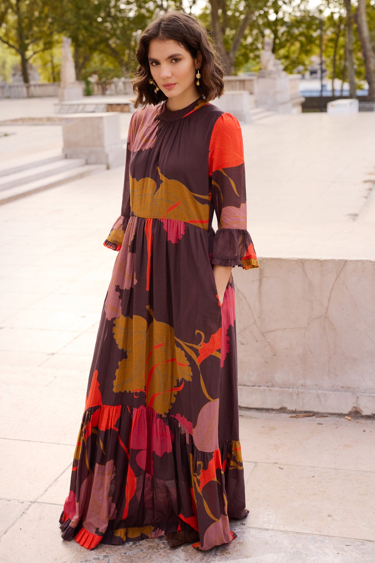 High Neck Bell Maxi- Hague Brown