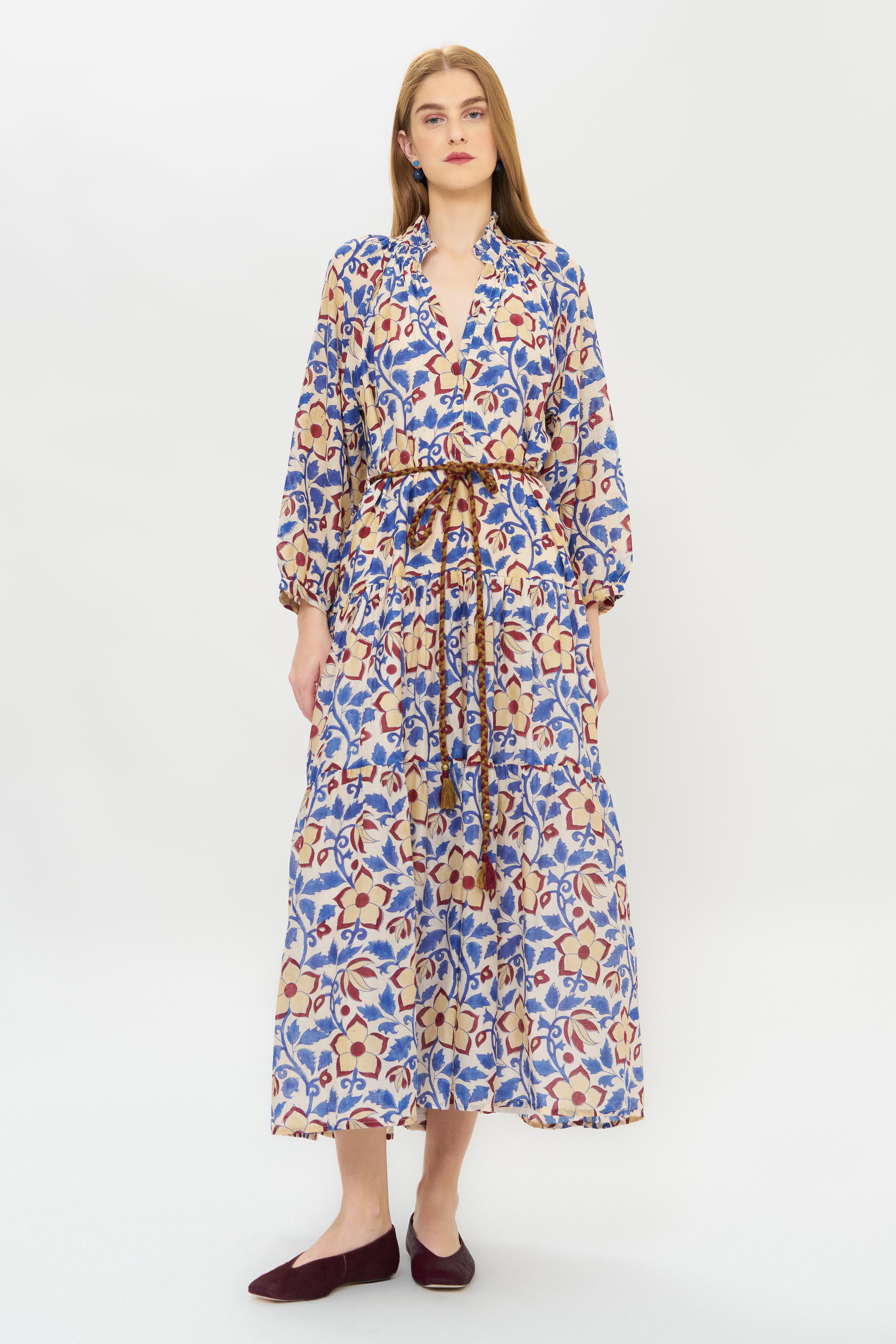 Cuff Sleeve Tie Waist Maxi- Kildare Blue