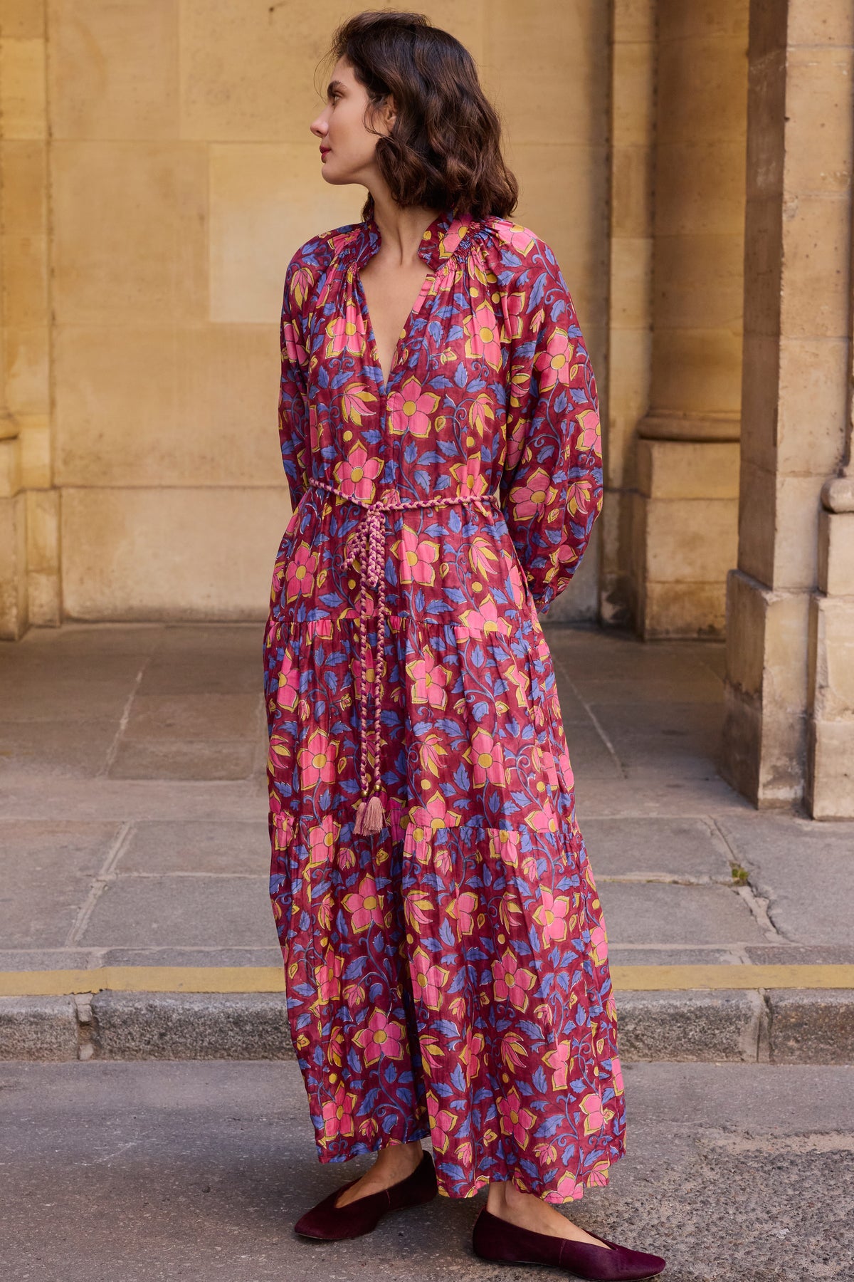 Cuff Sleeve Tie Waist Maxi- Kildare Plum