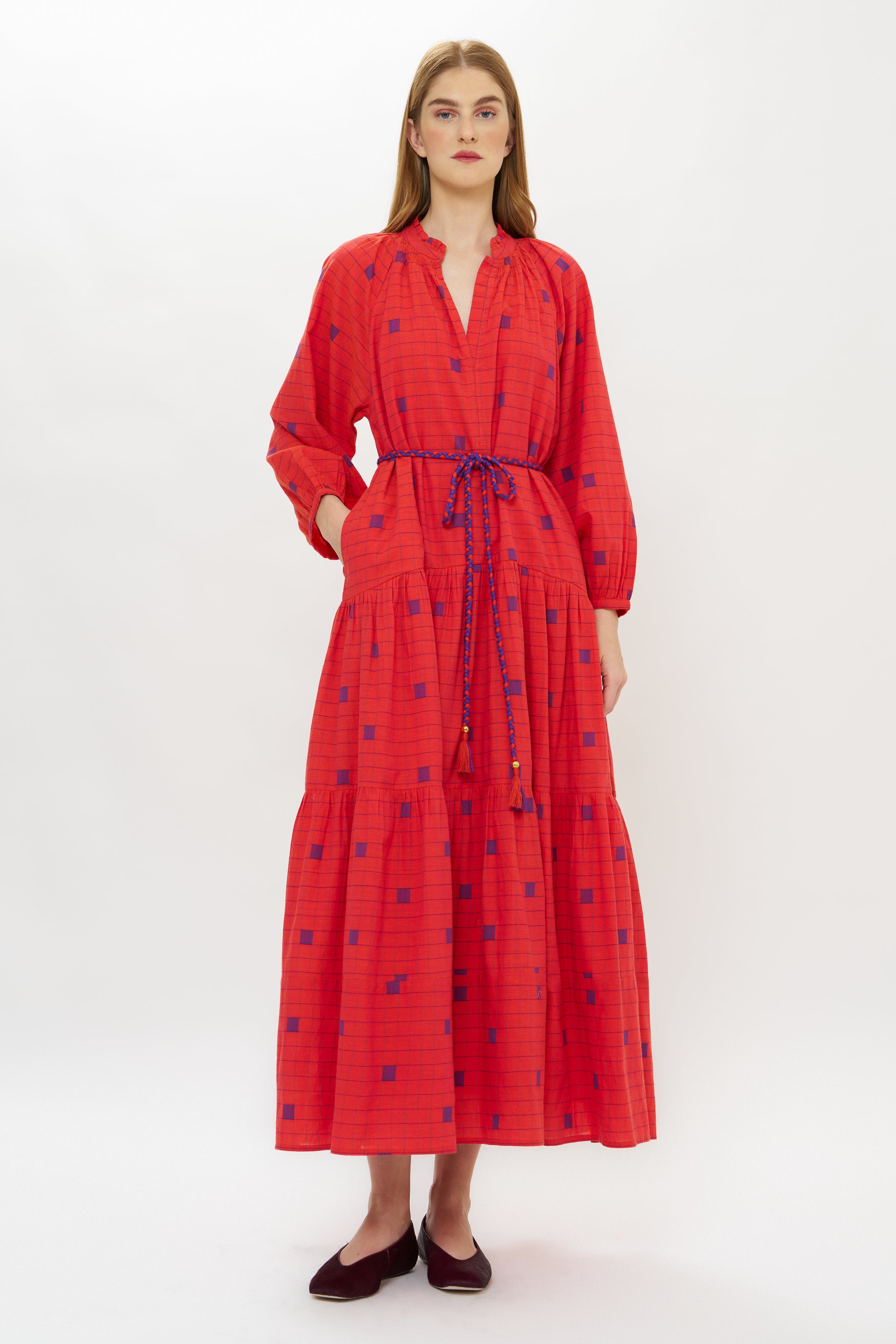 Cuff Sleeve Tie Waist Maxi- Samur Red