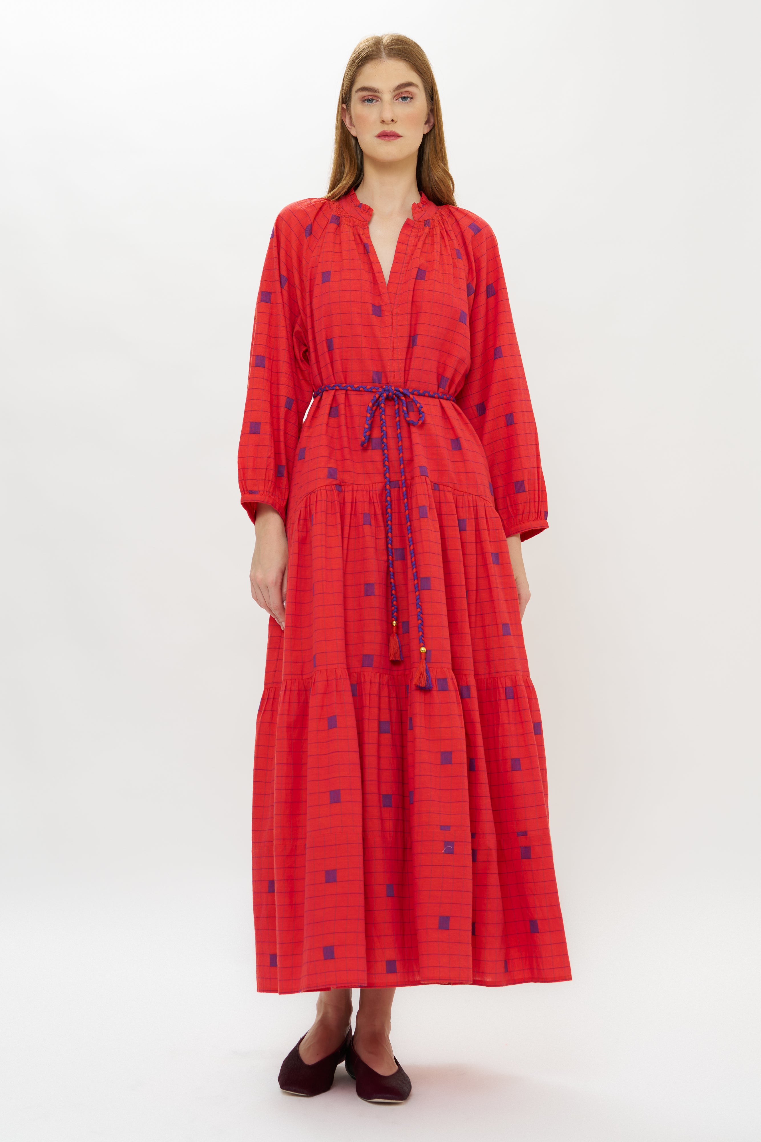 Cuff Sleeve Tie Waist Maxi- Samur Red
