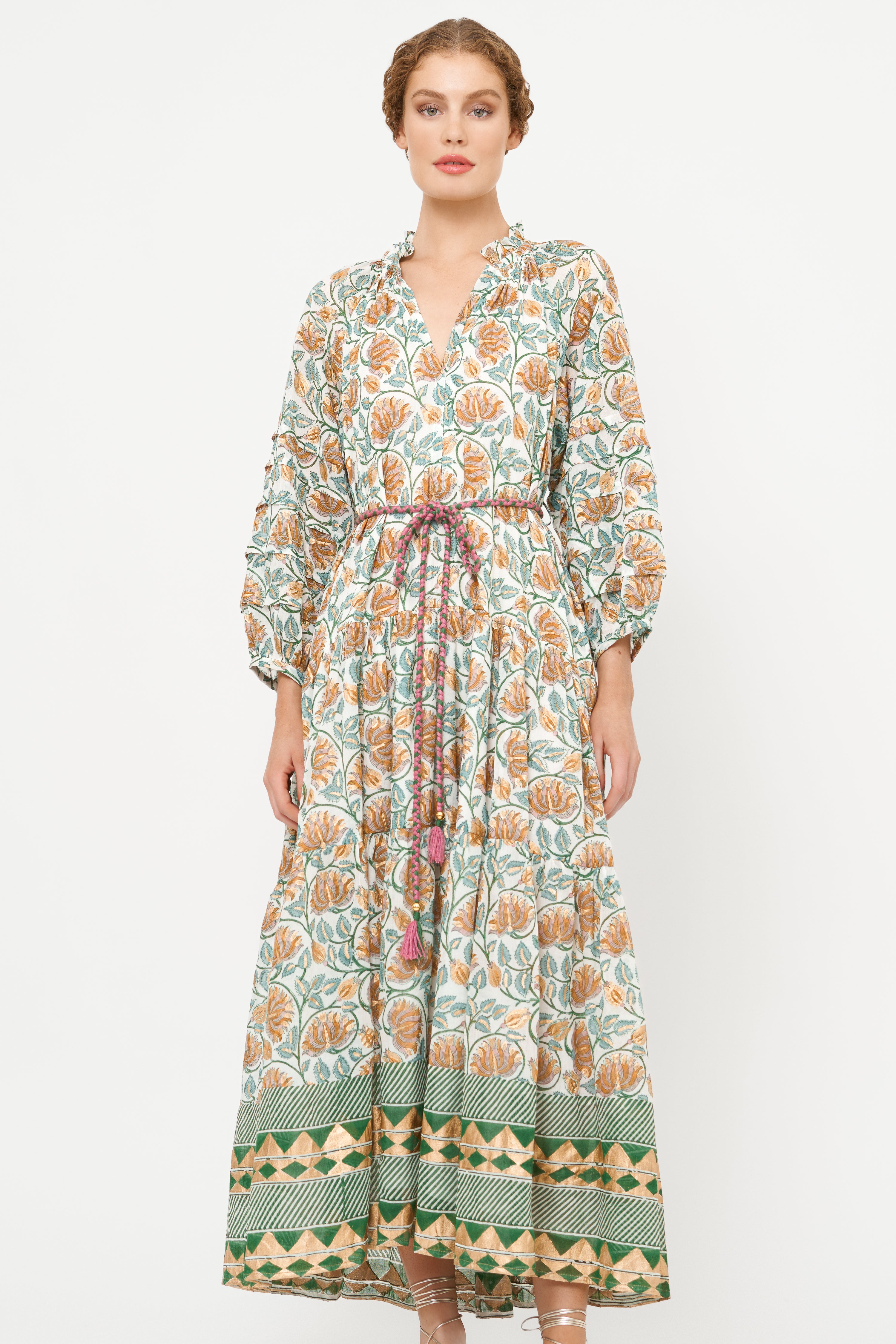 Cuff Sleeve Tie Waist Maxi- Montenegro Green