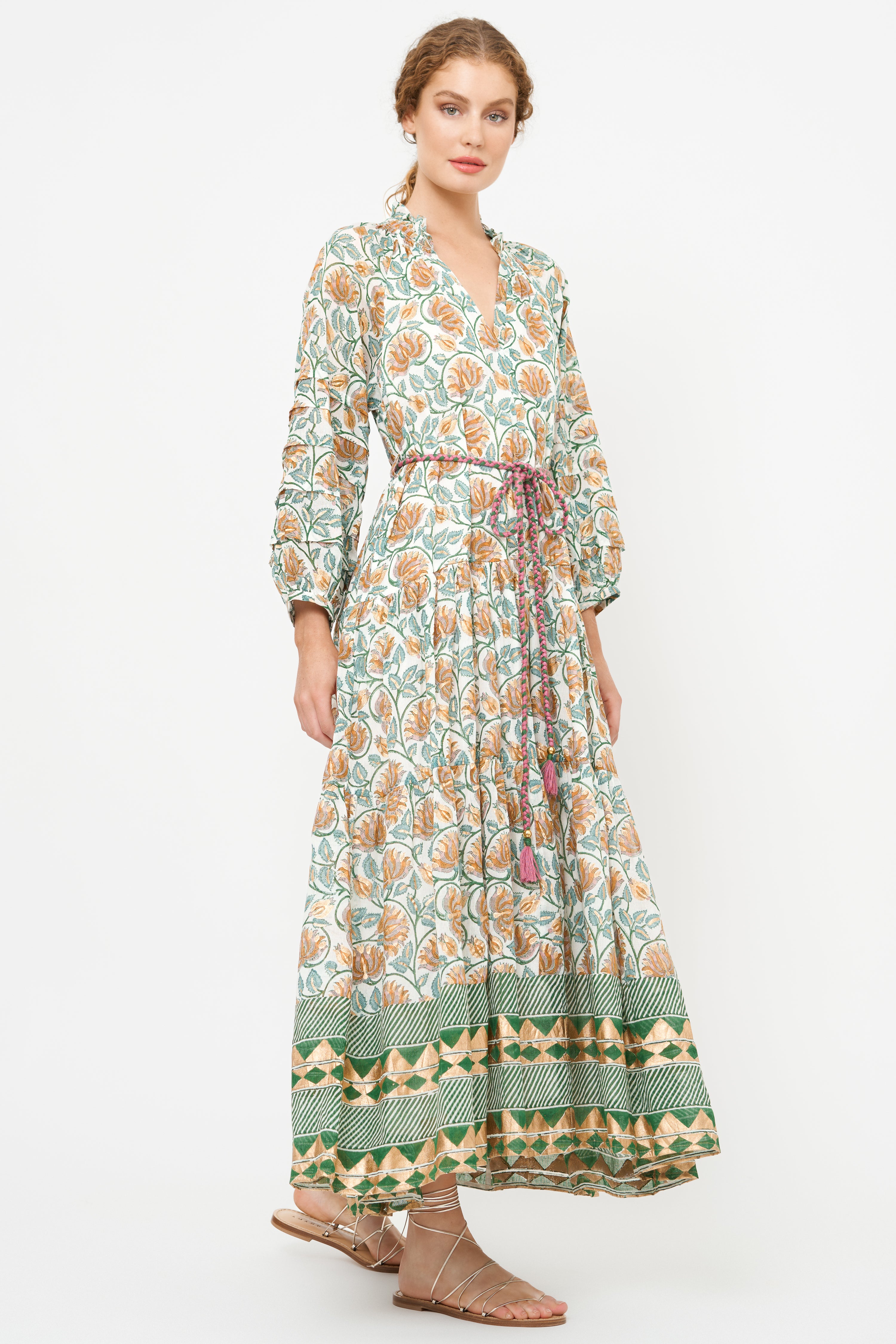 Cuff Sleeve Tie Waist Maxi- Montenegro Green