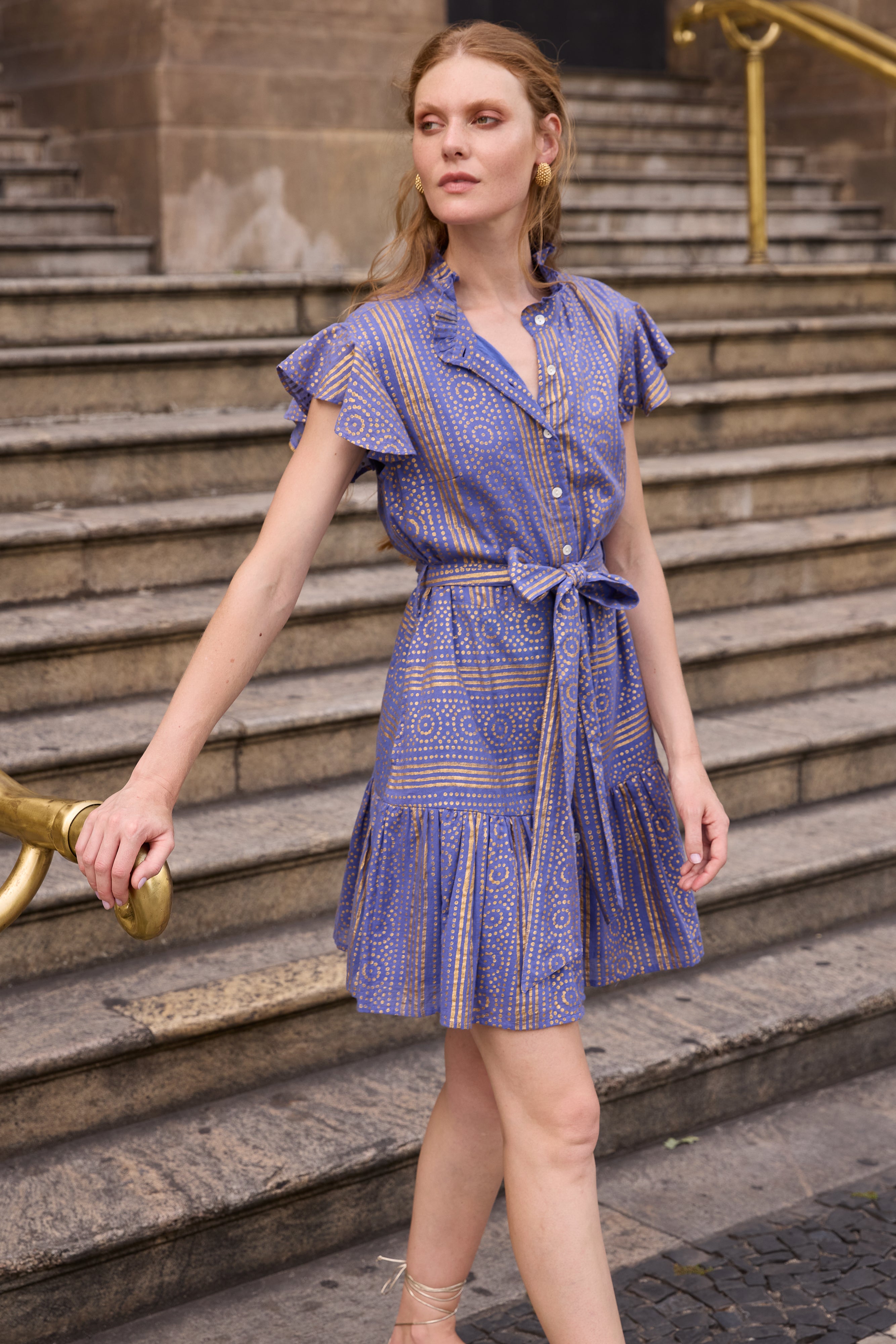 Ruffle Collar Button Mini- Helene Blue