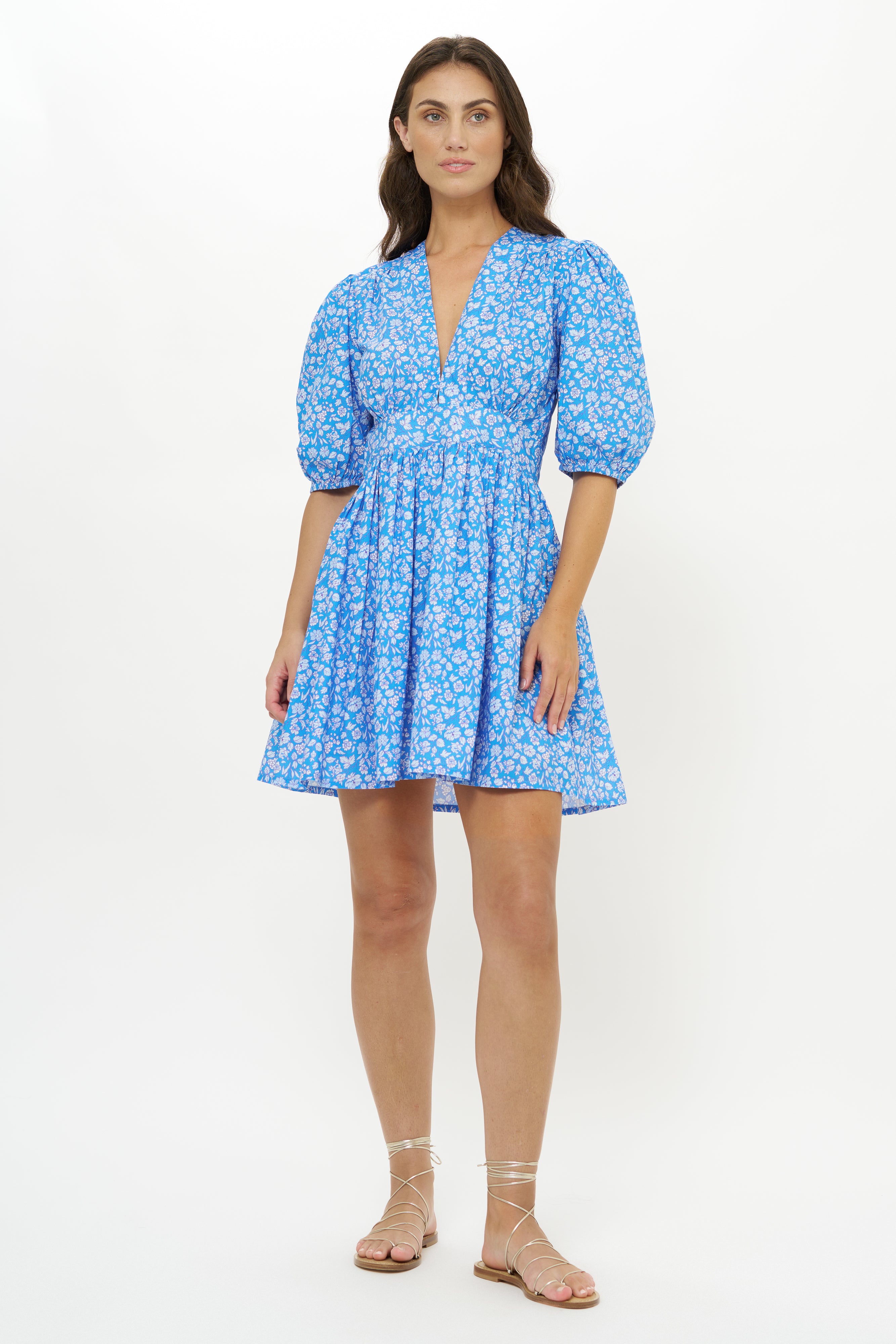 V-Neck Puff Mini- Ditsy Blue