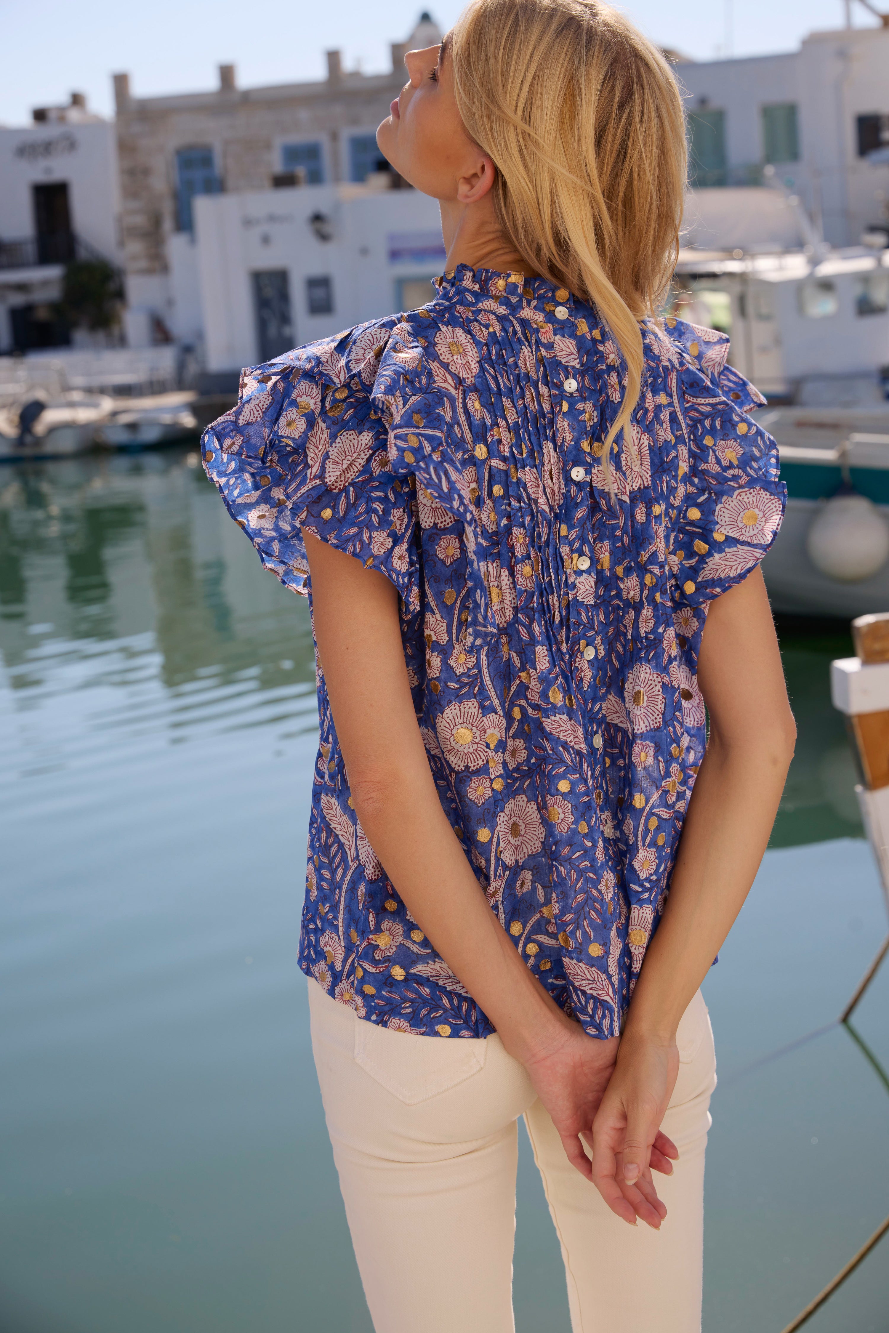 Pintuck Ruffle Top- Carolina Cobalt