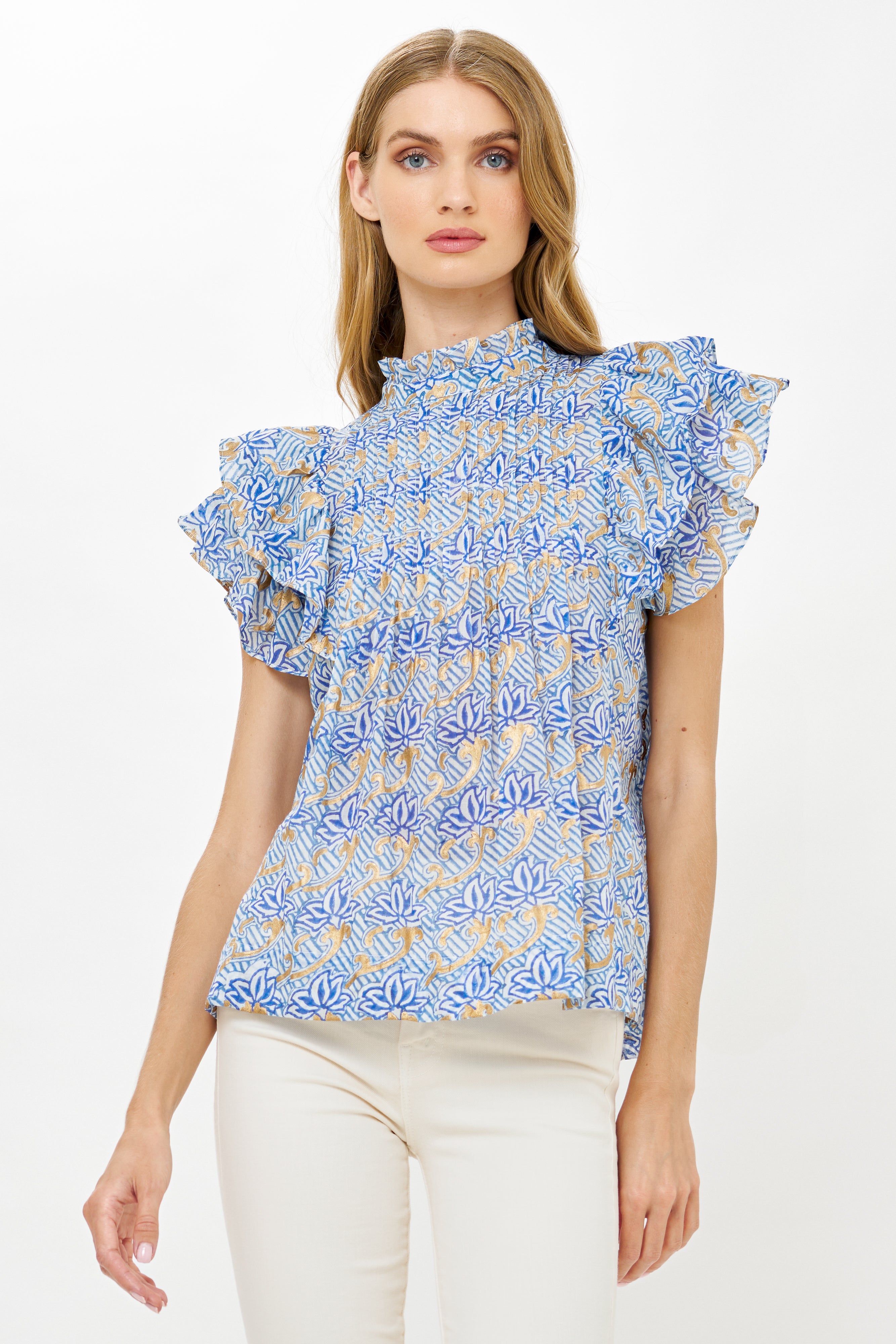 Pintuck Ruffle Top- Florence Blue