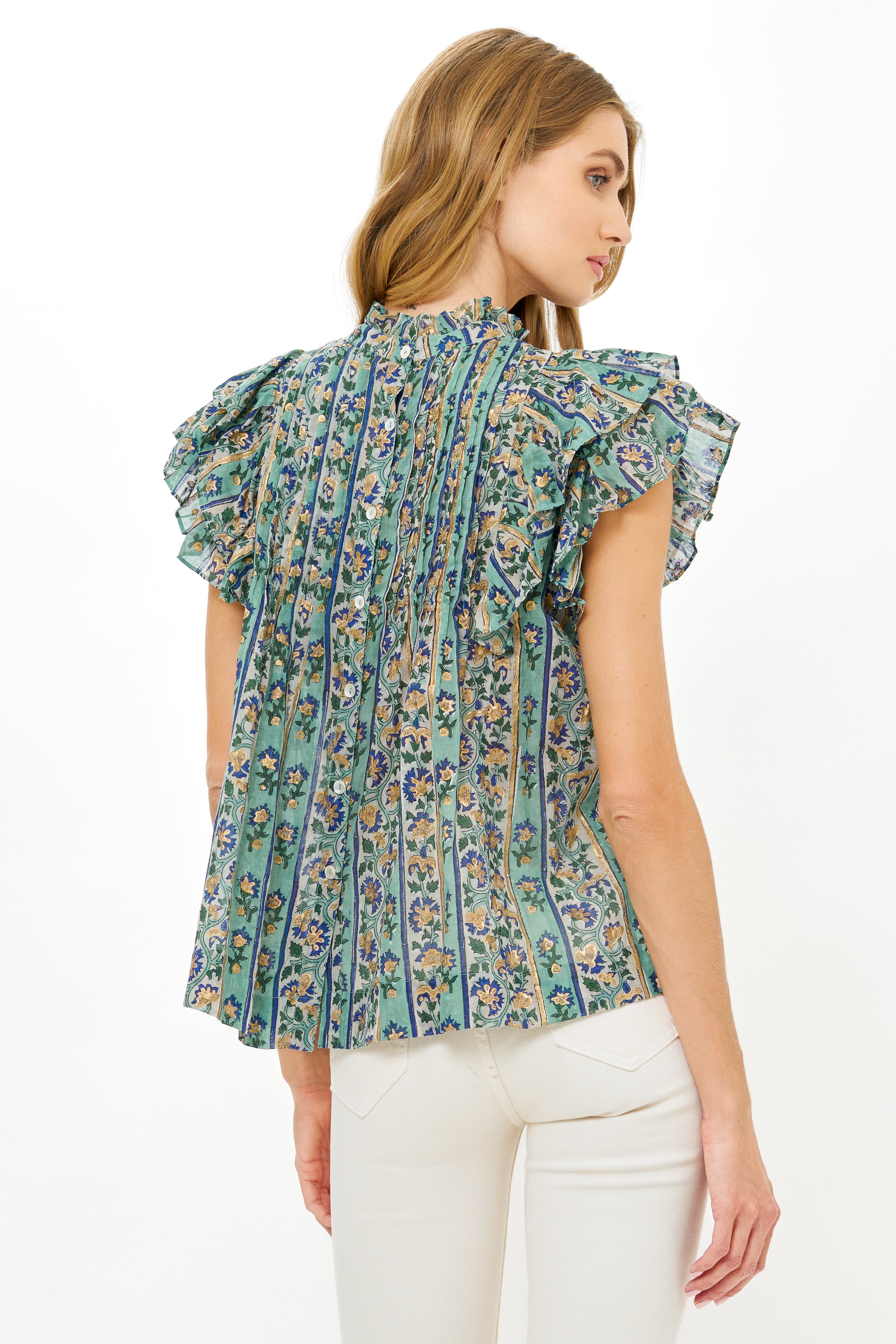 Pintuck Ruffle Top- Taj Aqua