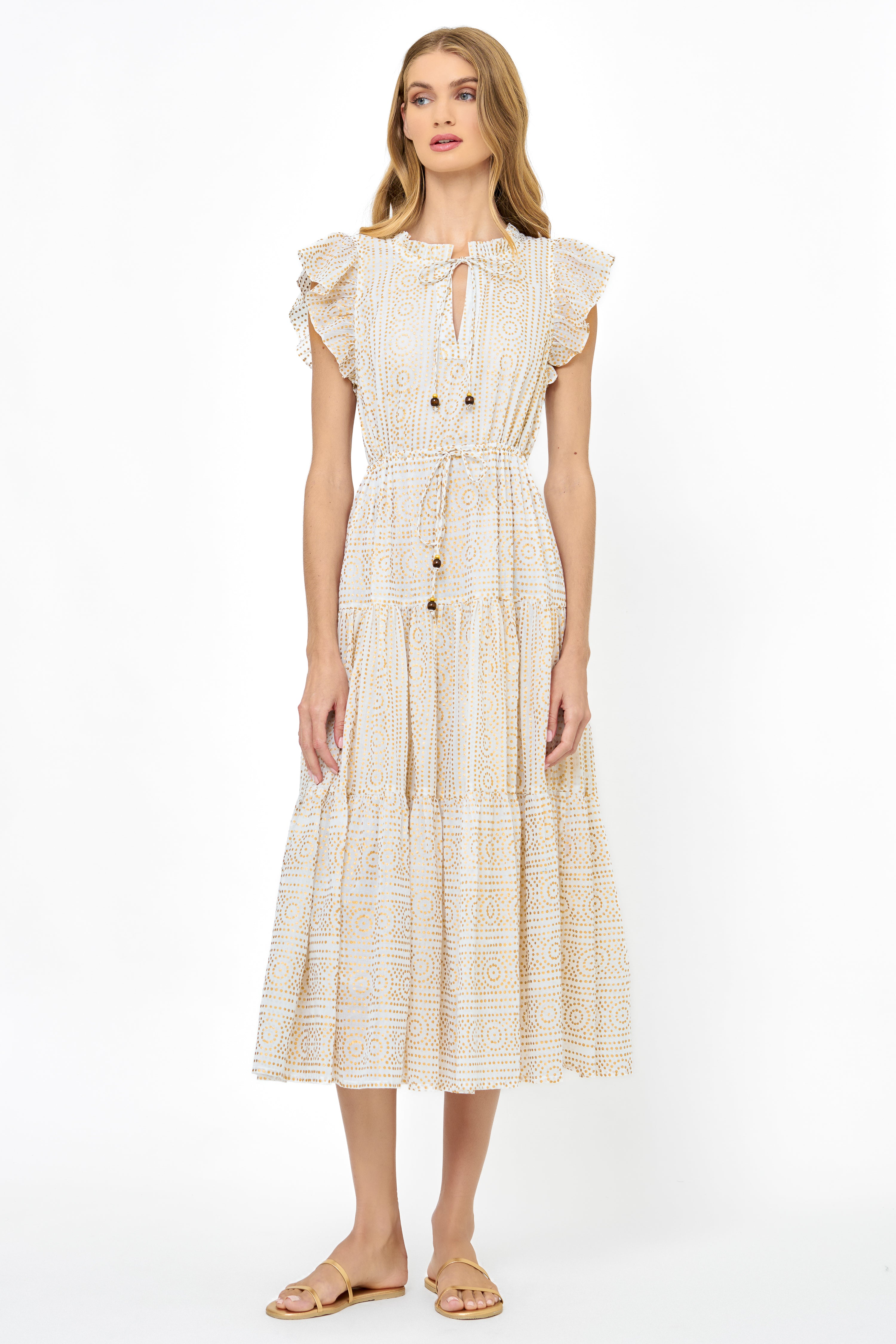 Cinched Flirty Midi- Helene Cream Gold