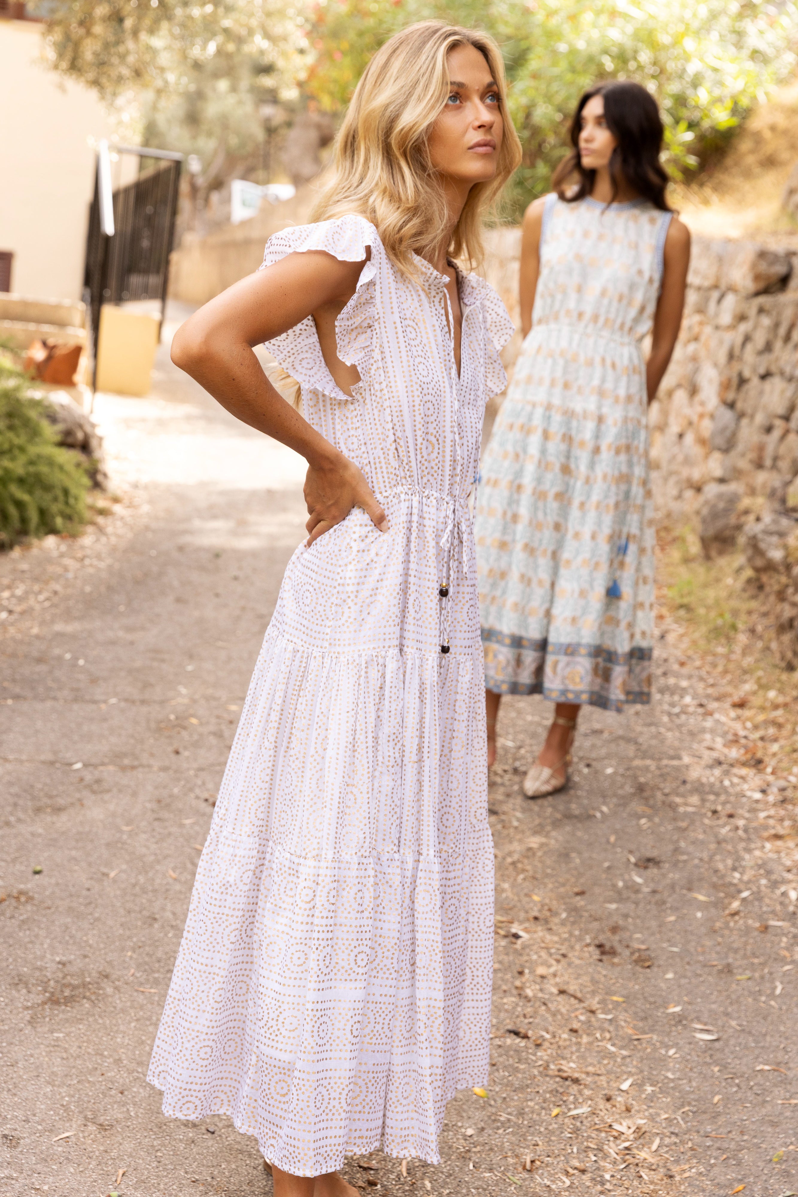 Cinched Flirty Midi- Helene Cream Gold