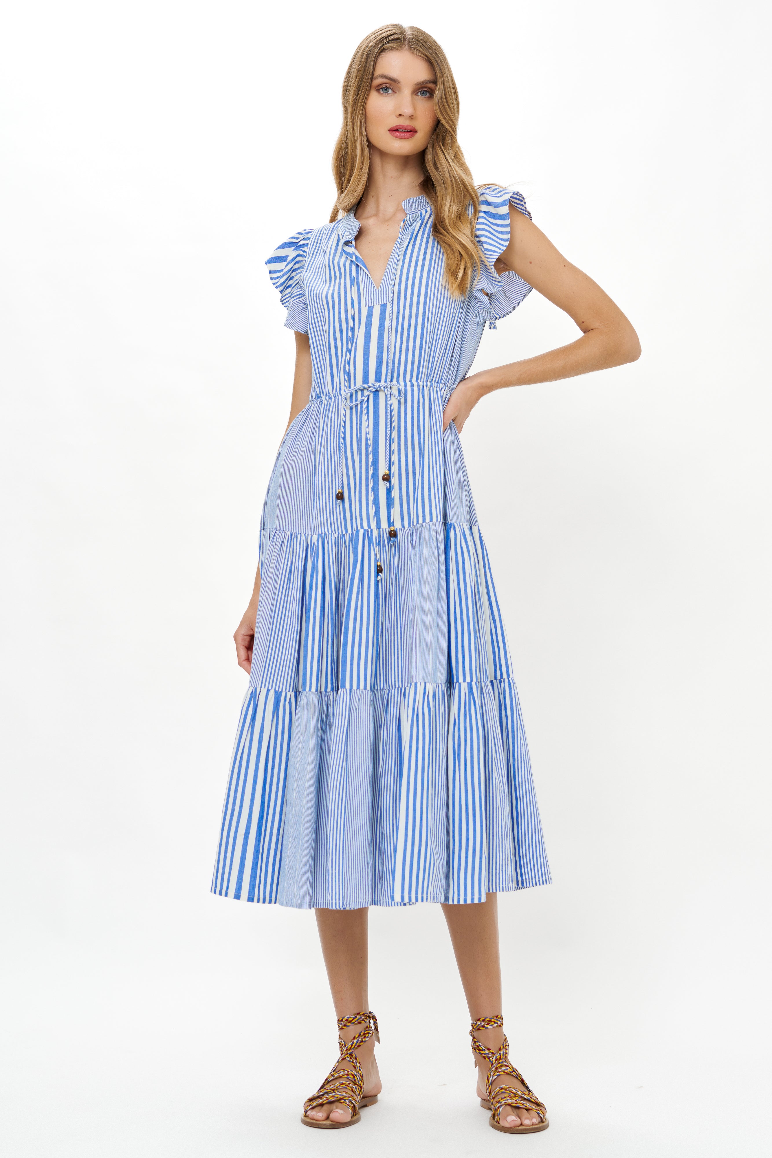 Cinched Flirty Midi- Henley Blue