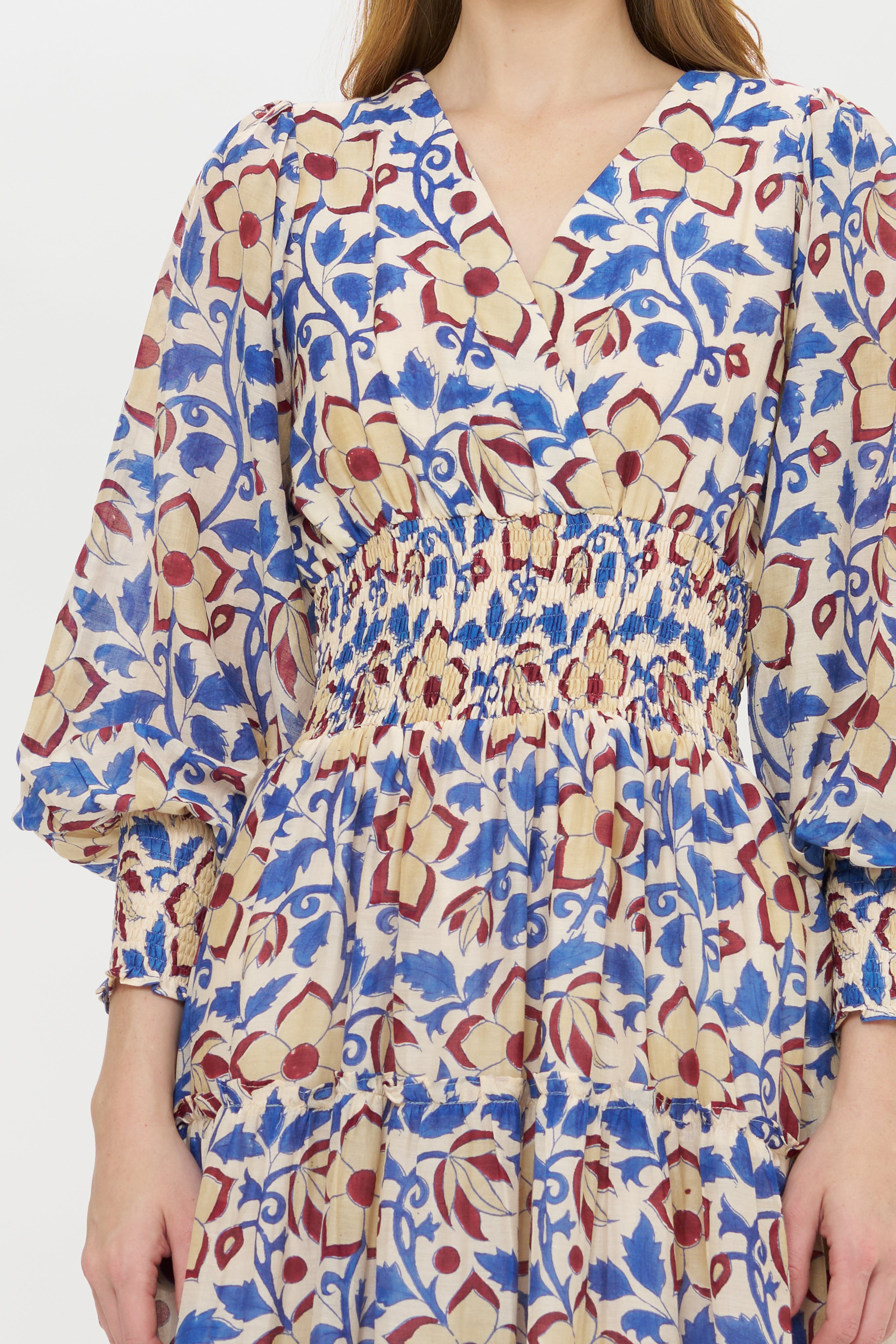 V-Neck Smocked Waist Midi- Kildare Blue